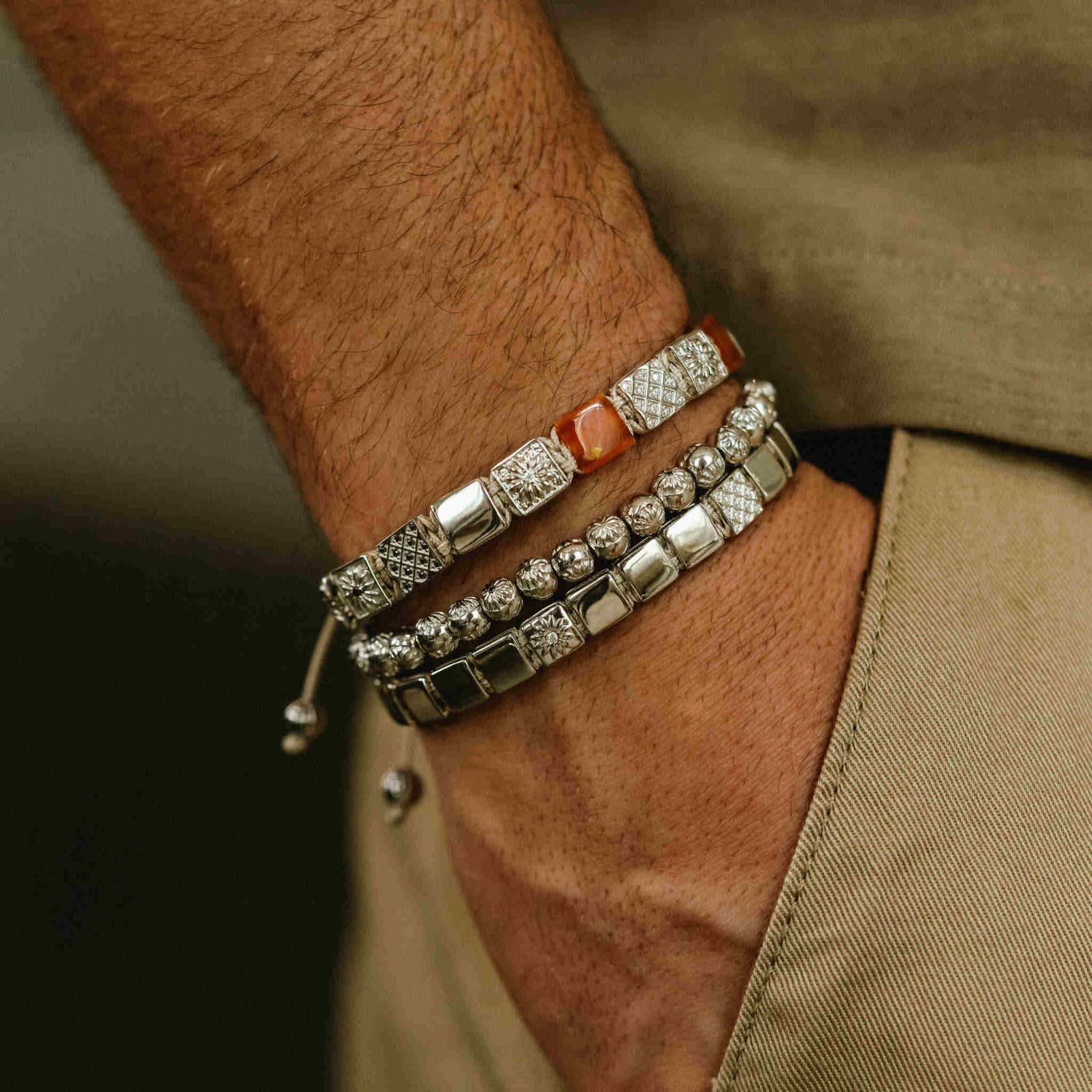 Women's Silver & Carnelian Macrame Charm Bracelet – Beige Braided String