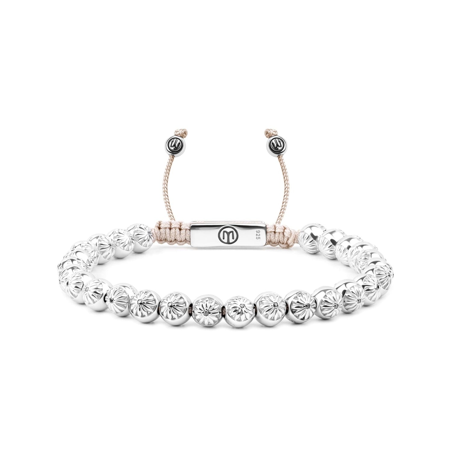 Women's Beaded Bracelet – Silver Beads With Black Moissanites On Beige String