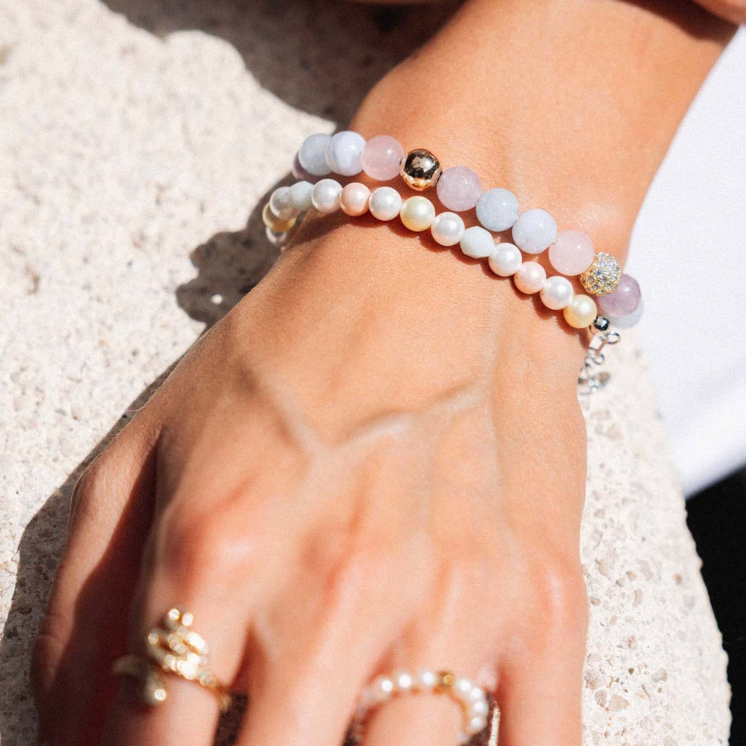 Women's Beaded Bracelet With Aquamarine, Blue Lace Agate, Rose Quartz, And Amethyst Lavender