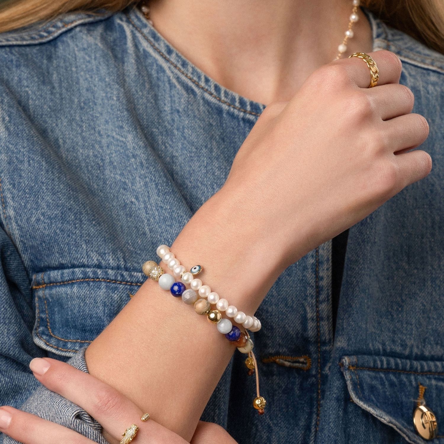 Women's Beaded Bracelet With Aquamarine, Blue Lapis, Opal, And Botswana Agate
