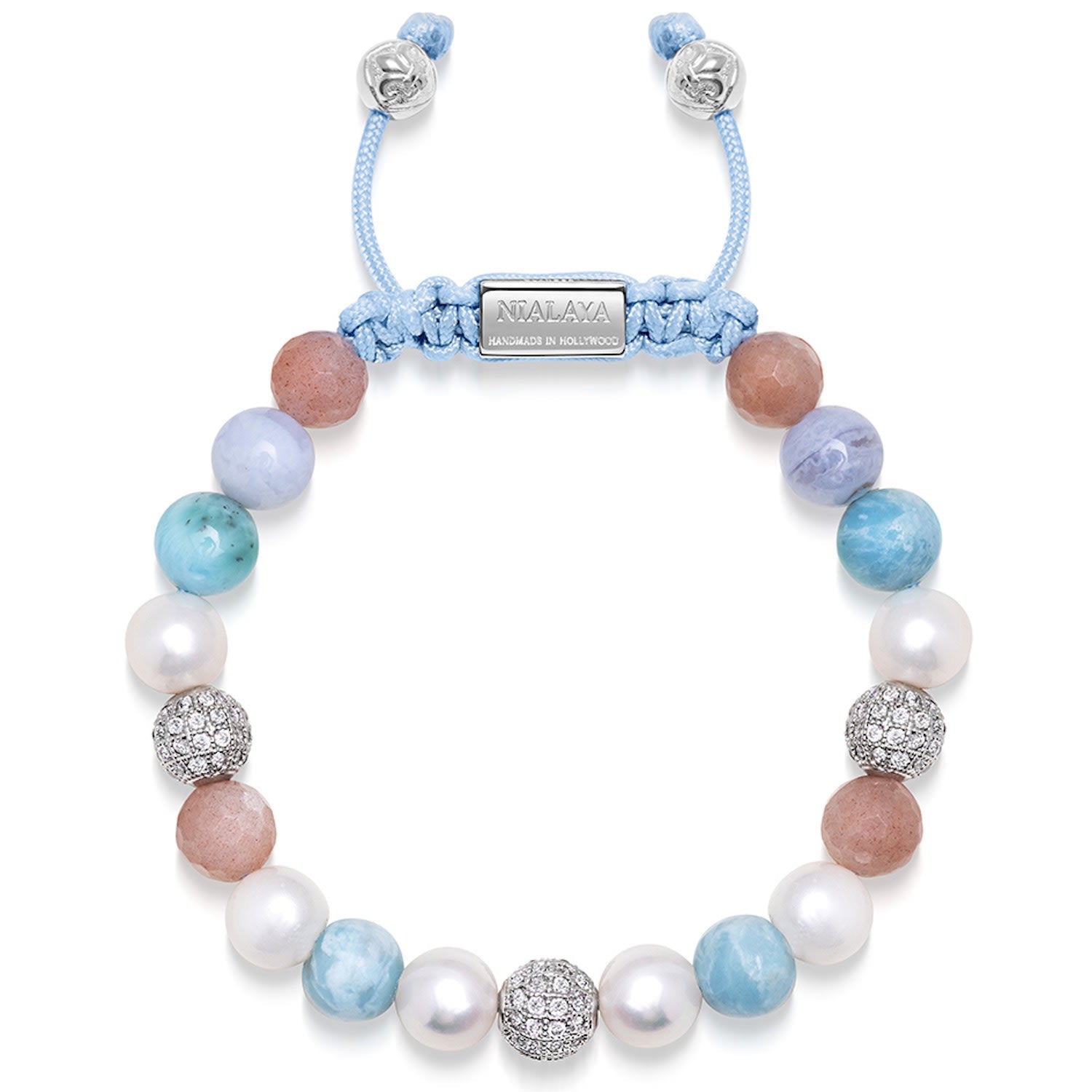 Women's Beaded Bracelet With Larimar, Pearl, Blue Lace Agate And Pink Aventurine