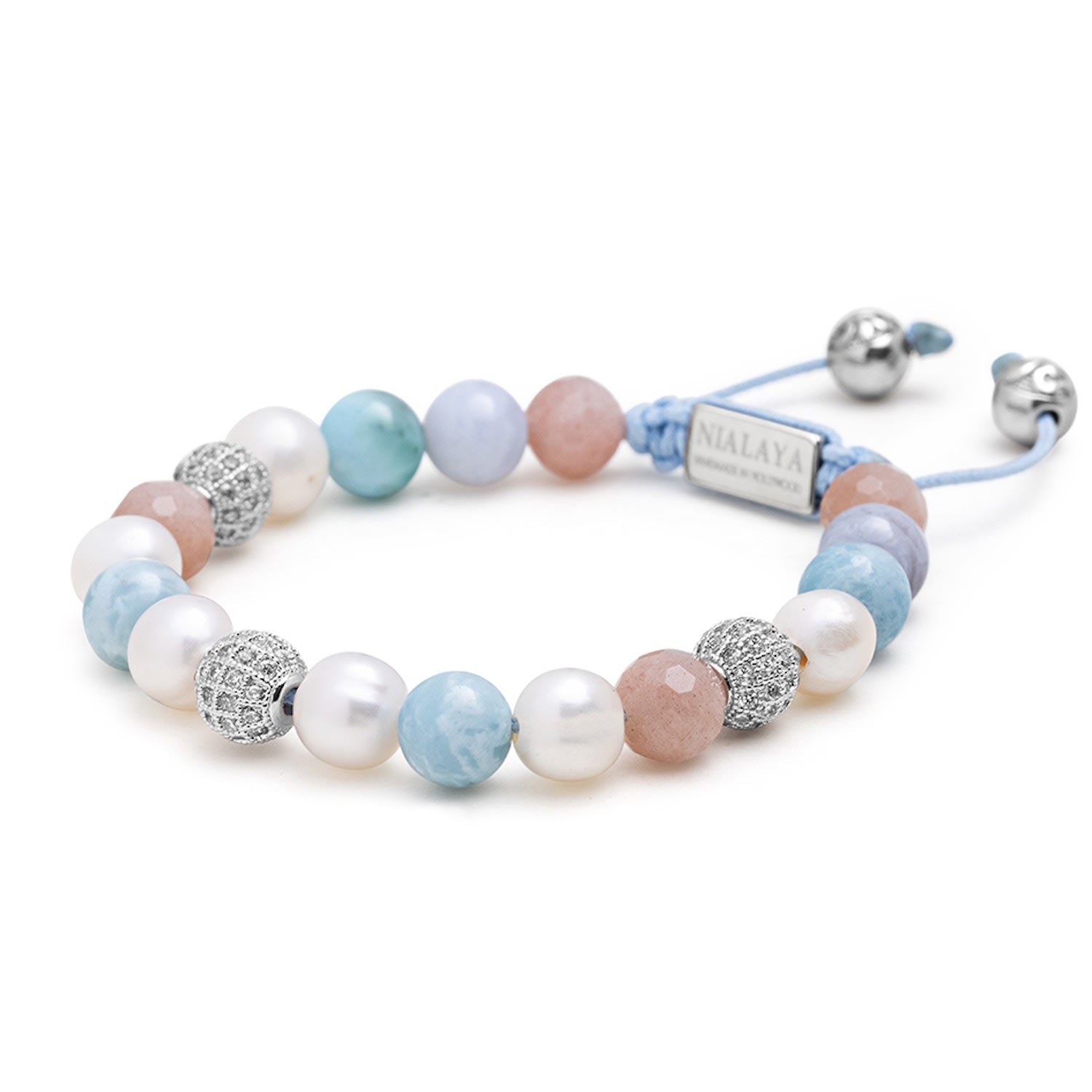 Women's Beaded Bracelet With Larimar, Pearl, Blue Lace Agate And Pink Aventurine