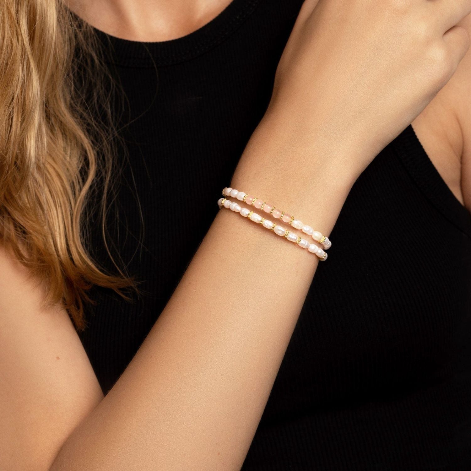 Women's Beaded Bracelet With Pearl And Pink Opal