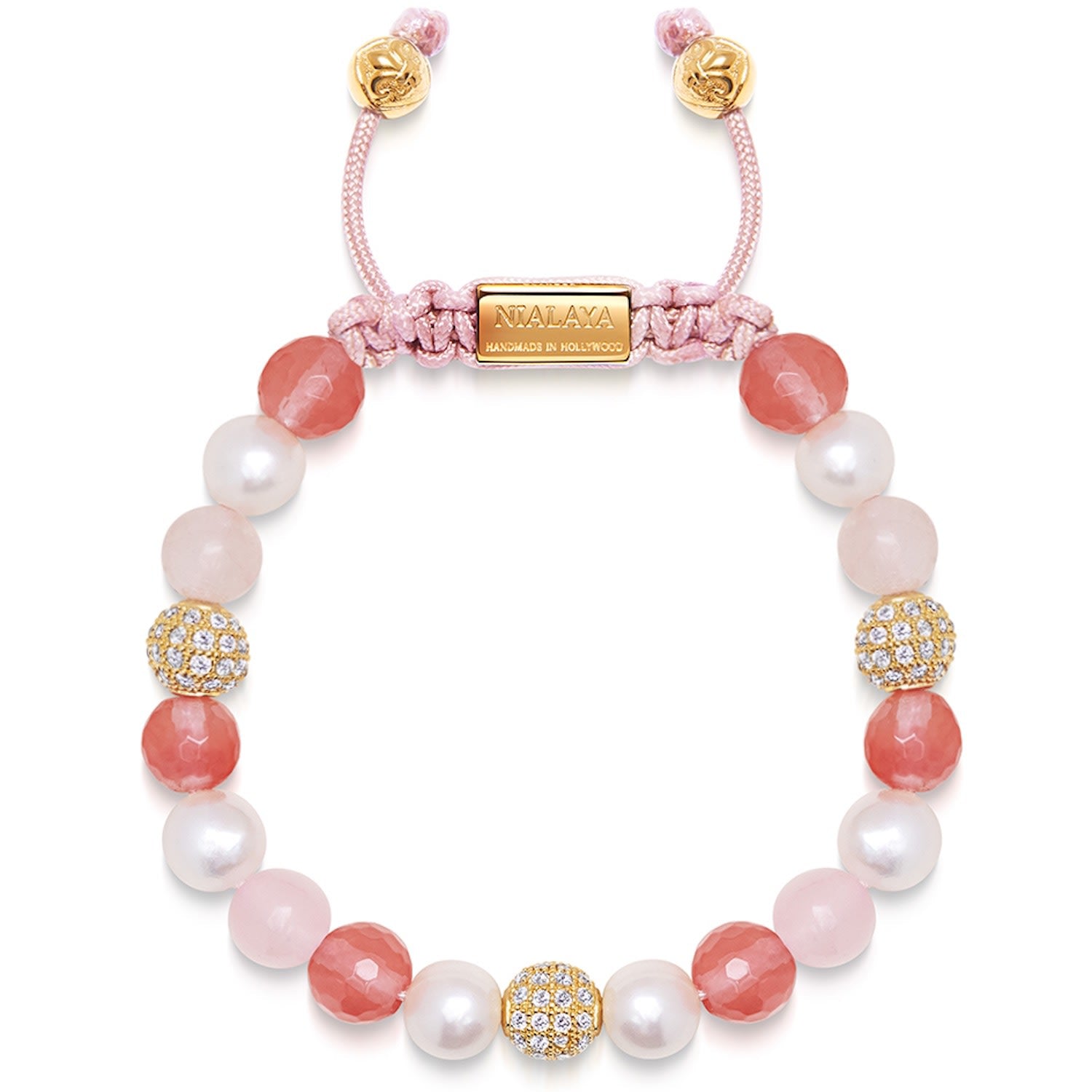 Women's Beaded Bracelet With Pearl, Rose Quartz, Cherry Quartz And Gold