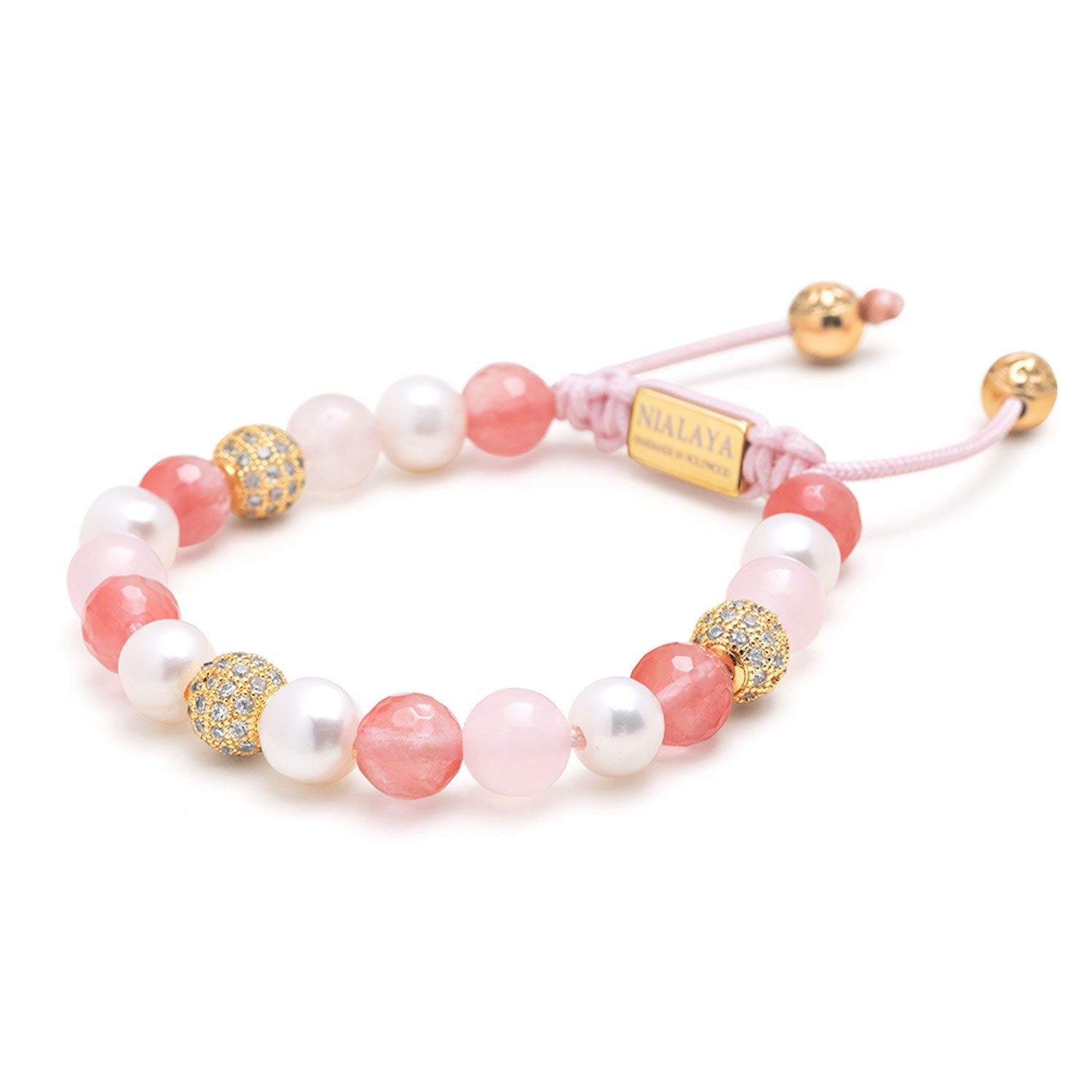 Women's Beaded Bracelet With Pearl, Rose Quartz, Cherry Quartz And Gold