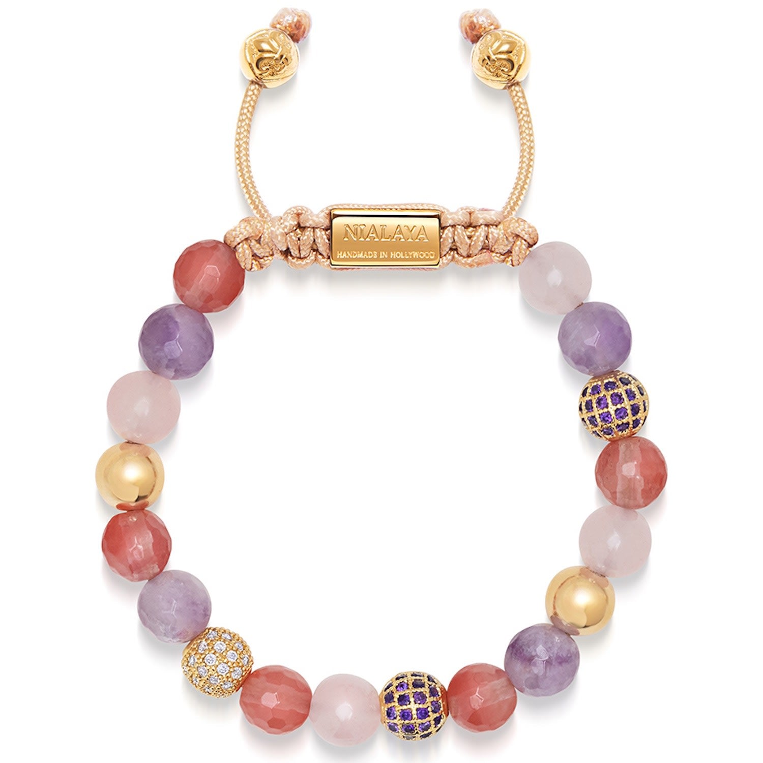 Women's Beaded Bracelet With Rose Quartz, Amethyst, Cherry Quartz And Gold