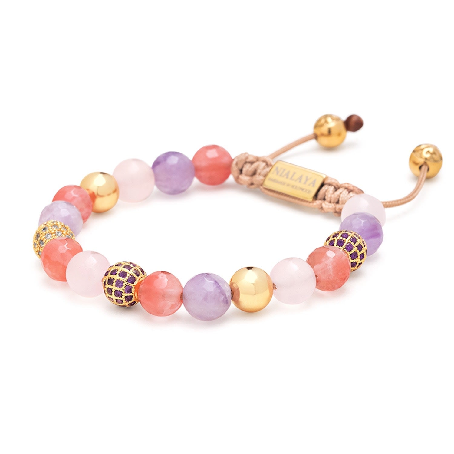 Women's Beaded Bracelet With Rose Quartz, Amethyst, Cherry Quartz And Gold