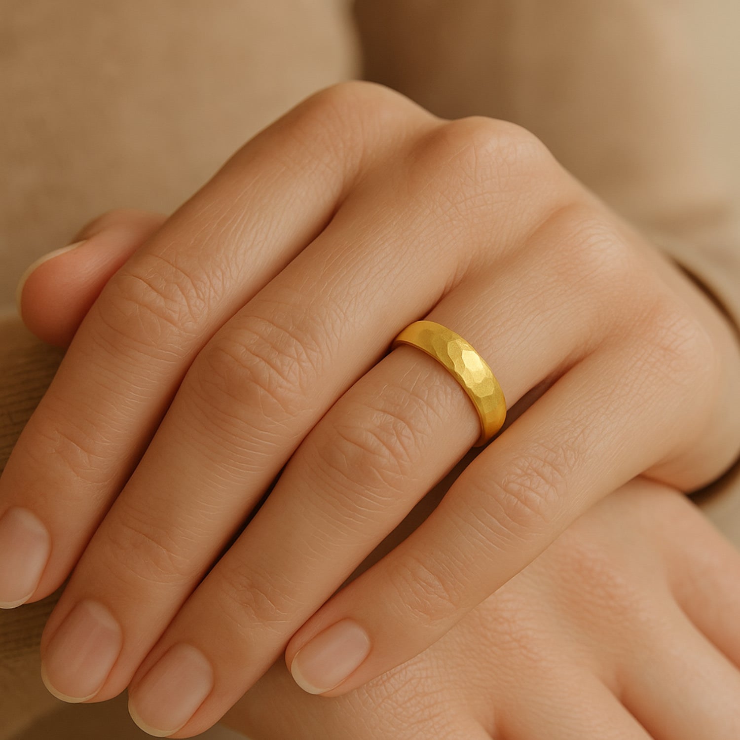 Women’s Classic Hammered Sterling Silver Band With Gold Plating