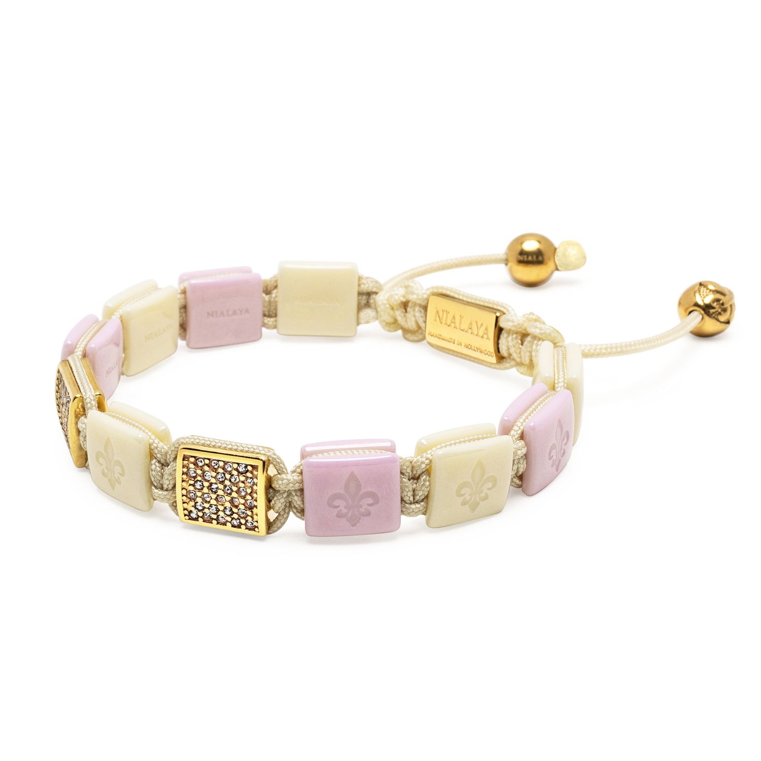 Women's Cream & Soft Pink Ceramic Flatbead Bracelet With Gold Cz