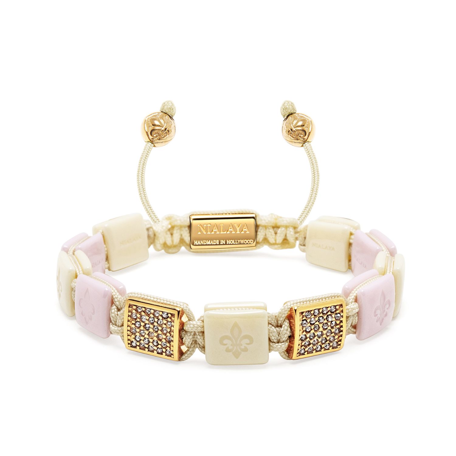 Women's Cream & Soft Pink Ceramic Flatbead Bracelet With Gold Cz