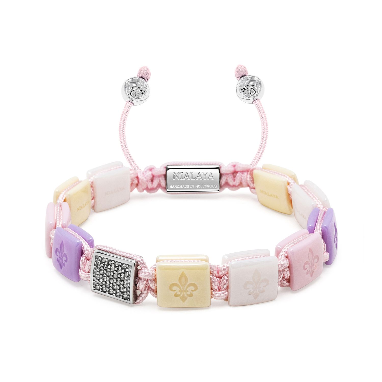 Women's Cream, White, Lavender & Soft Pink Ceramic Flatbead Bracelet With Silver Cz