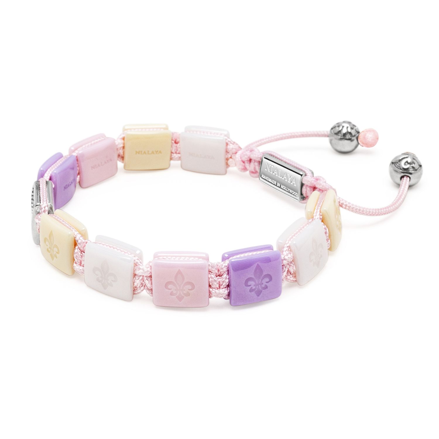 Women's Cream, White, Lavender & Soft Pink Ceramic Flatbead Bracelet With Silver Cz