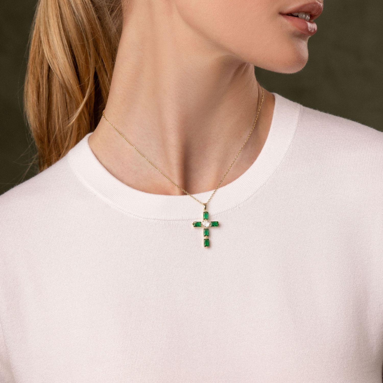 Women's Green Cz Cross Necklace
