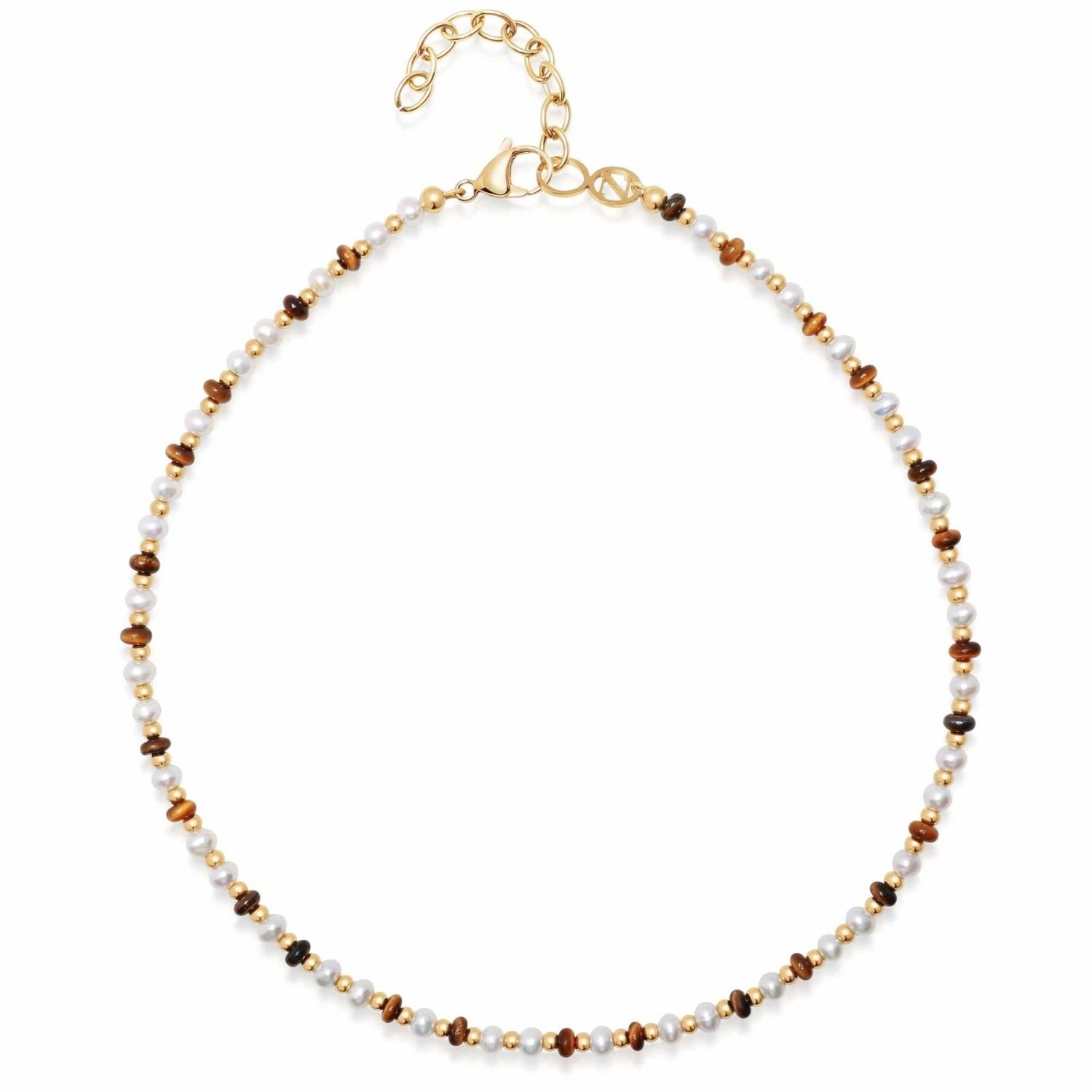Women's Mini Beaded Choker With Pearls And Tiger Eye