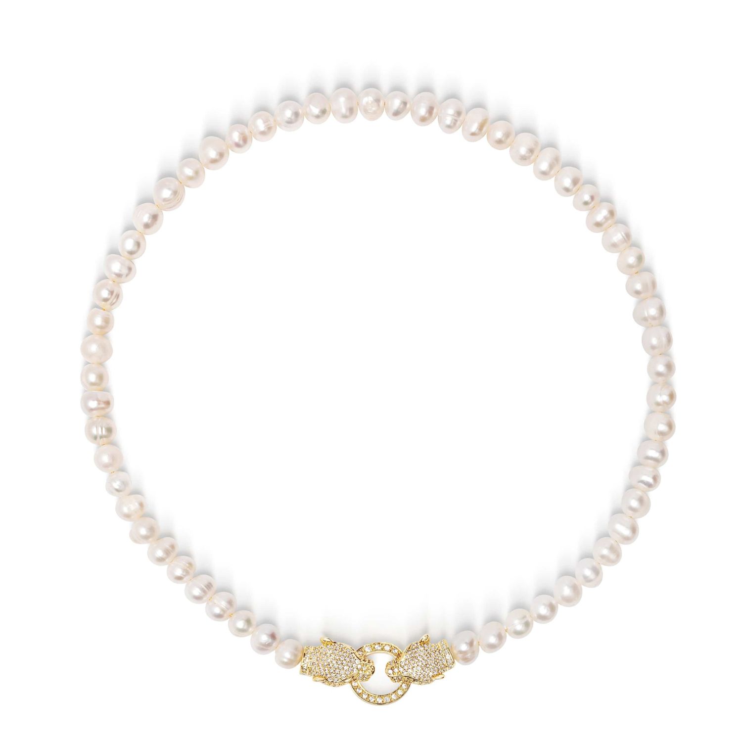 Women's Pearl Choker With Gold Double Panther Head