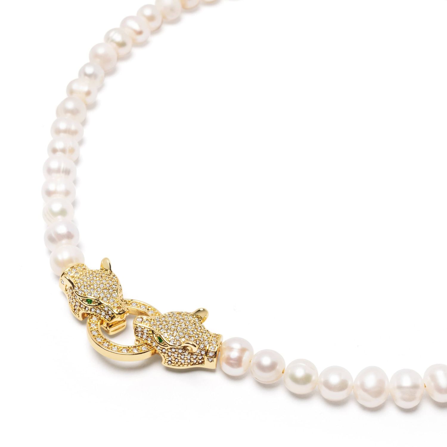 Women's Pearl Choker With Gold Double Panther Head