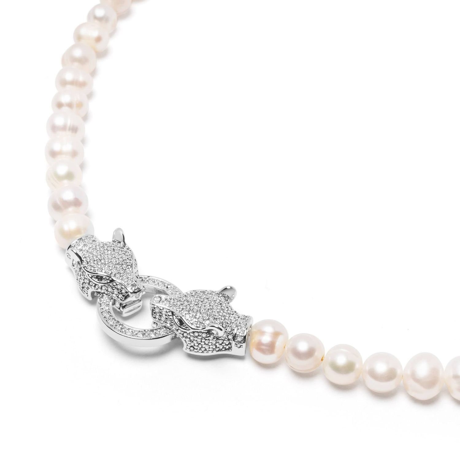 Women's Pearl Choker With Silver Double Panther Head