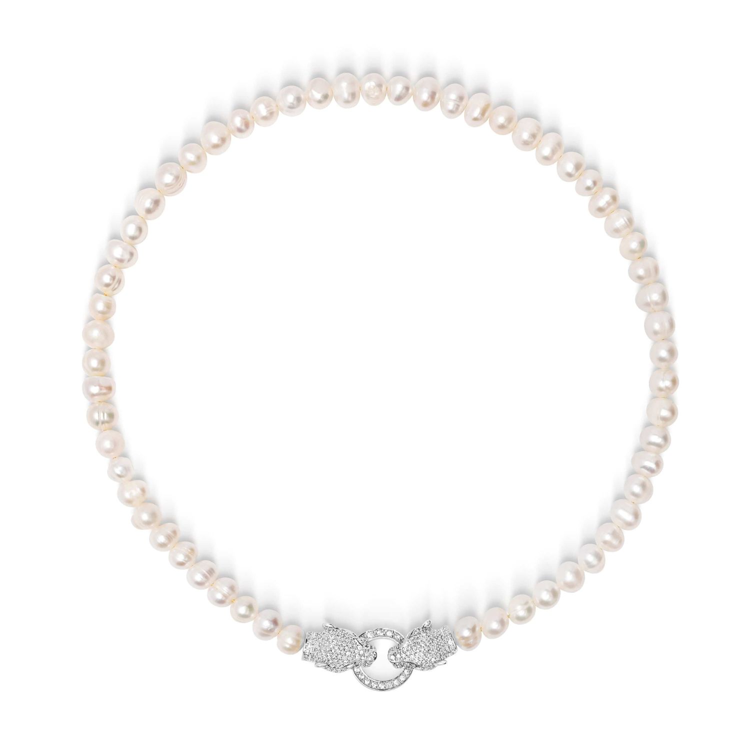 Women's Pearl Choker With Silver Double Panther Head