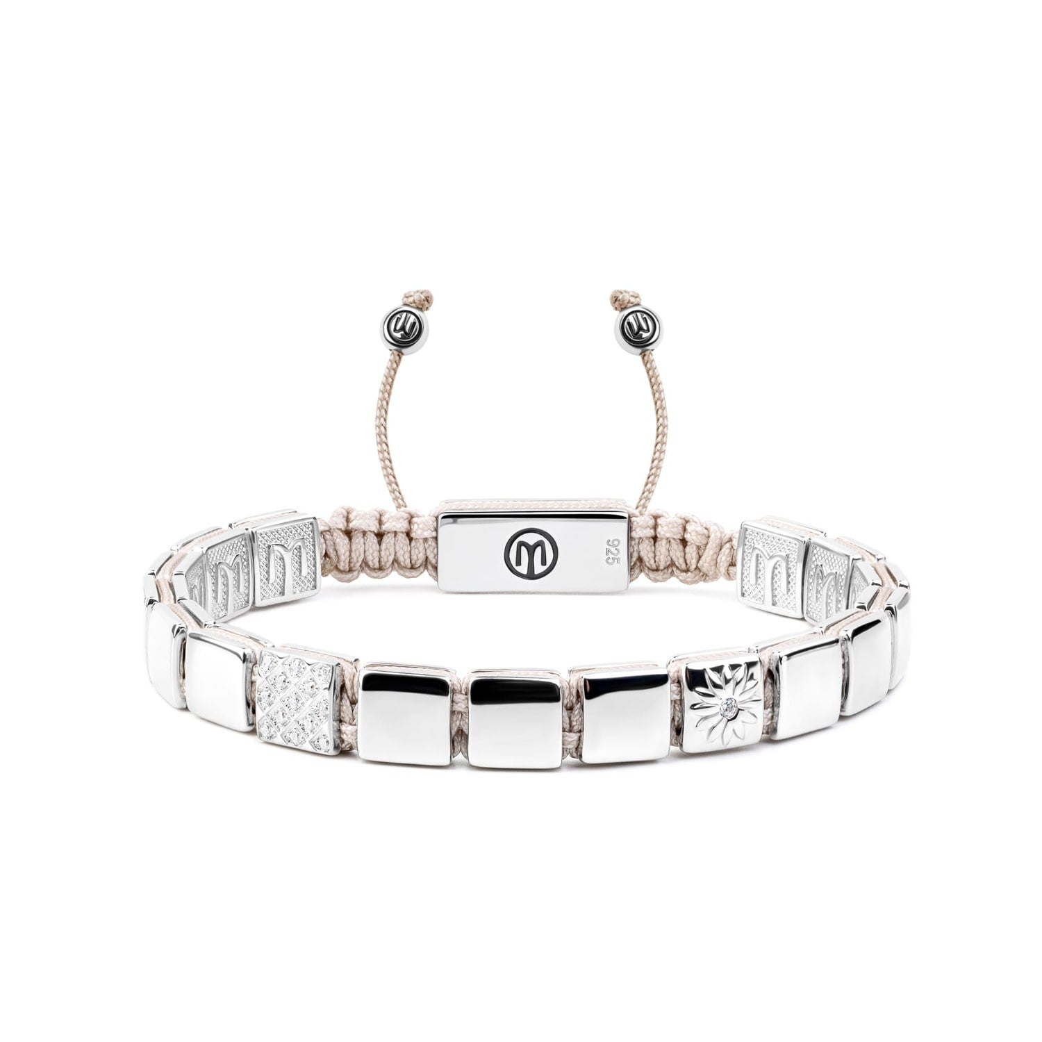 Women's Silver Macrame Bracelet – Light Beige String With White Moissanites