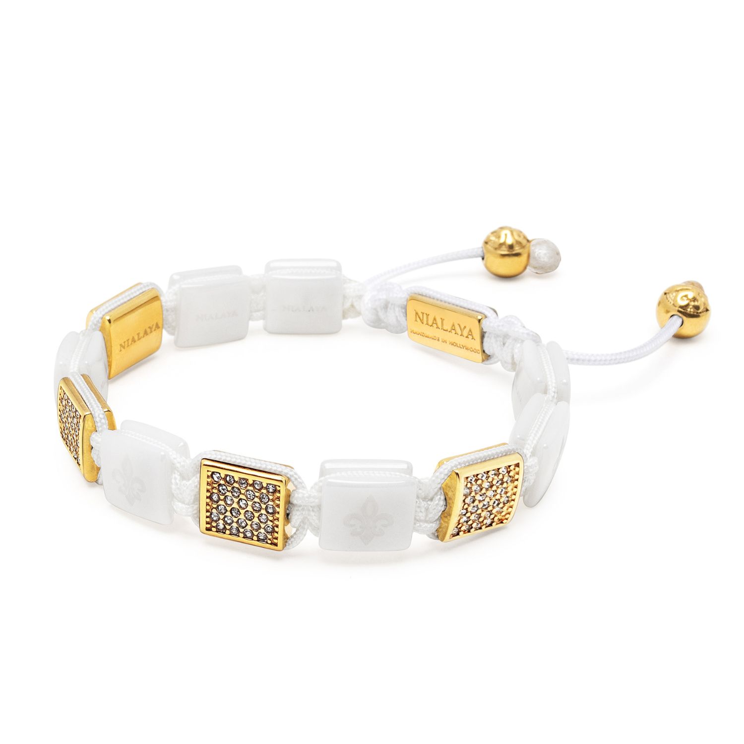 Women's White Ceramic Flatbead Bracelet With Gold Cz