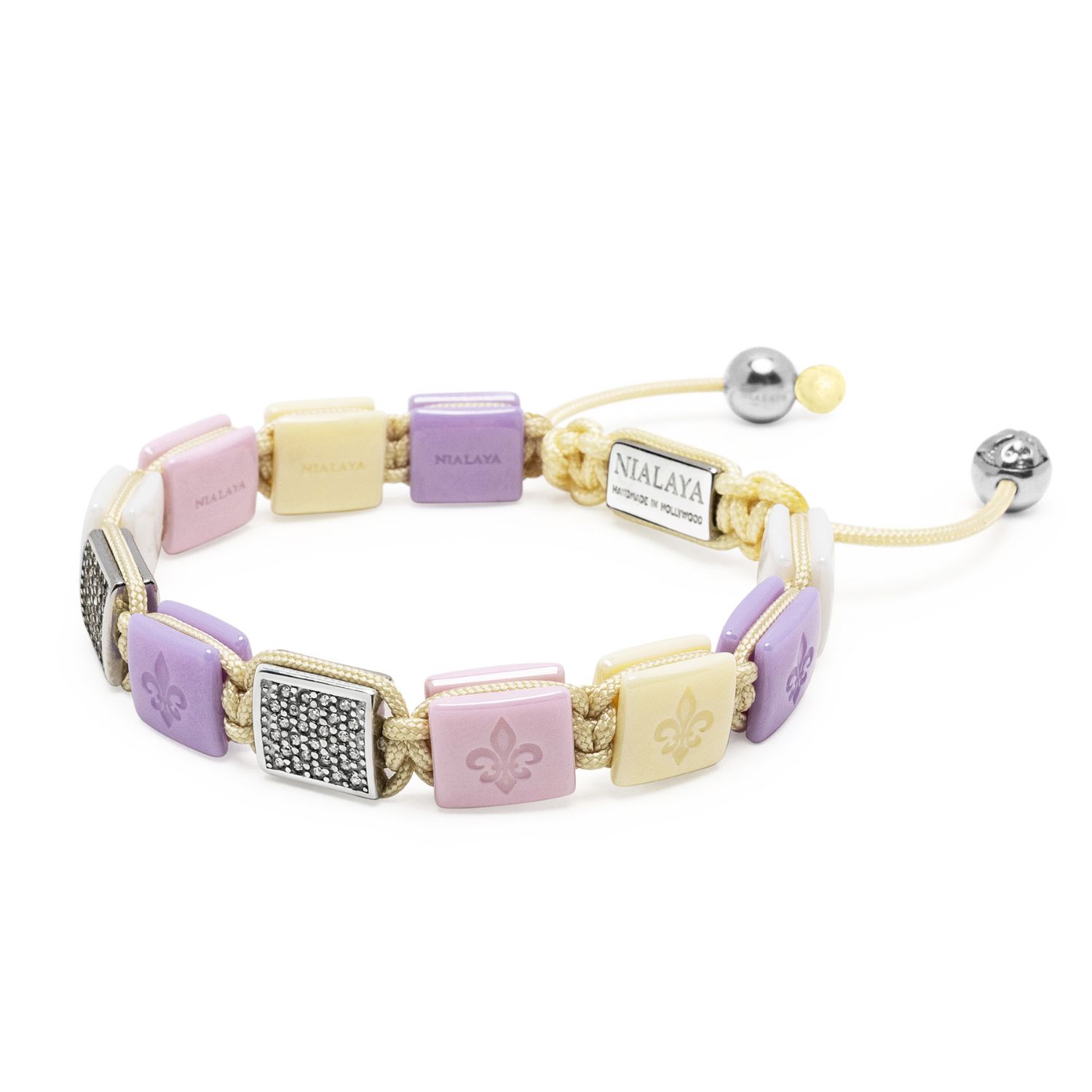 Women's White, Cream, Lavender & Soft Pink Ceramic Flatbead Bracelet With Silver Cz