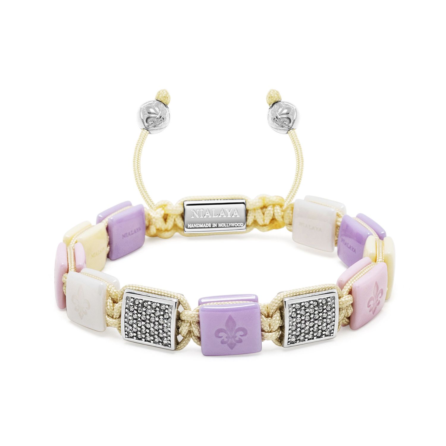 Women's White, Cream, Lavender & Soft Pink Ceramic Flatbead Bracelet With Silver Cz