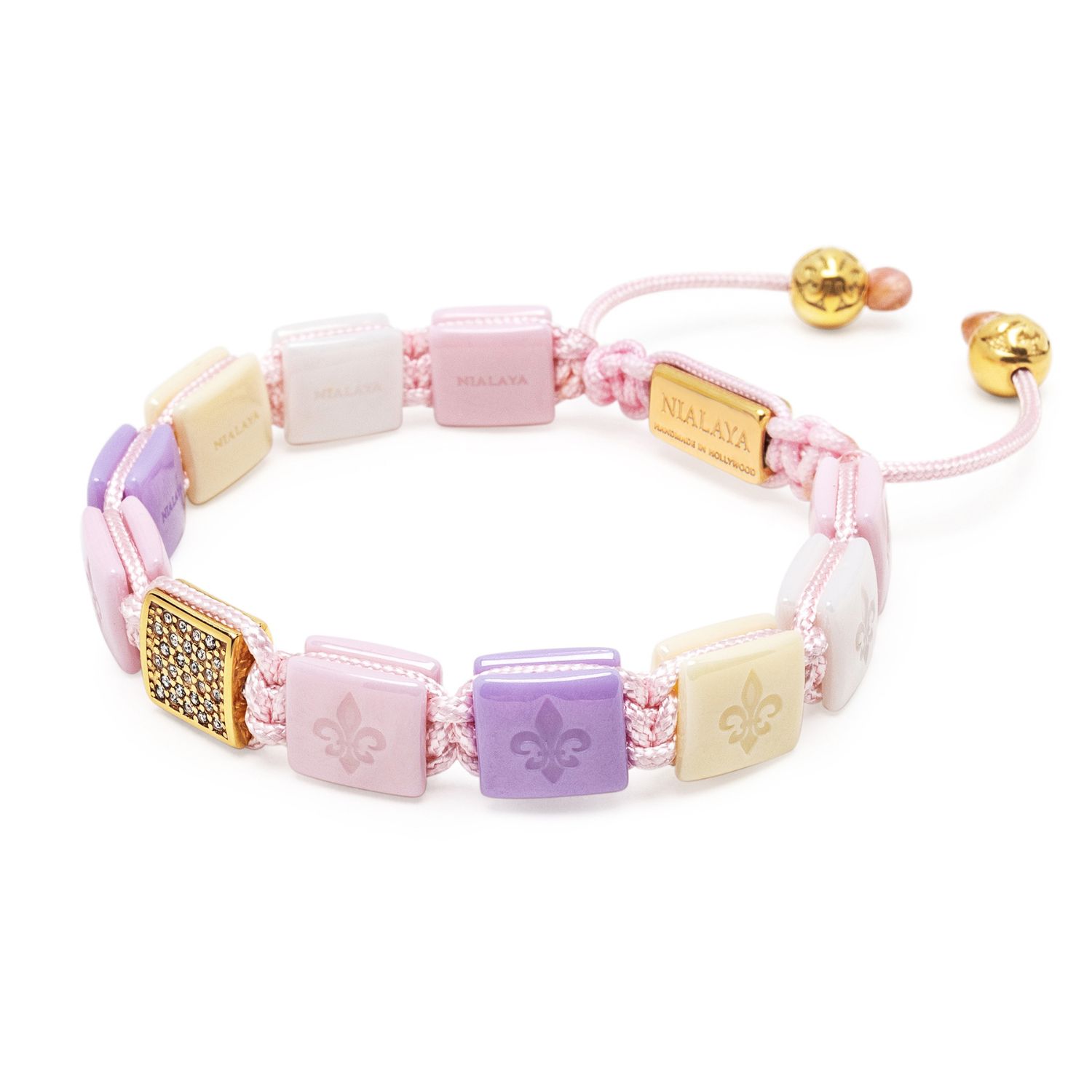 Women's White, Cream, Soft Pink & Lavender Ceramic Flatbead Bracelet With Gold Cz