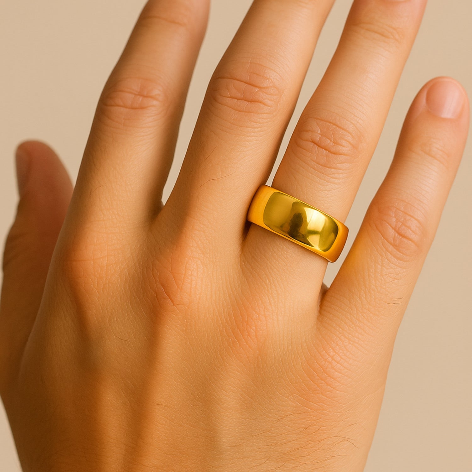 Women Wide Smooth Domed Sterling Silver Band With Gold Plating: Bold Elegance