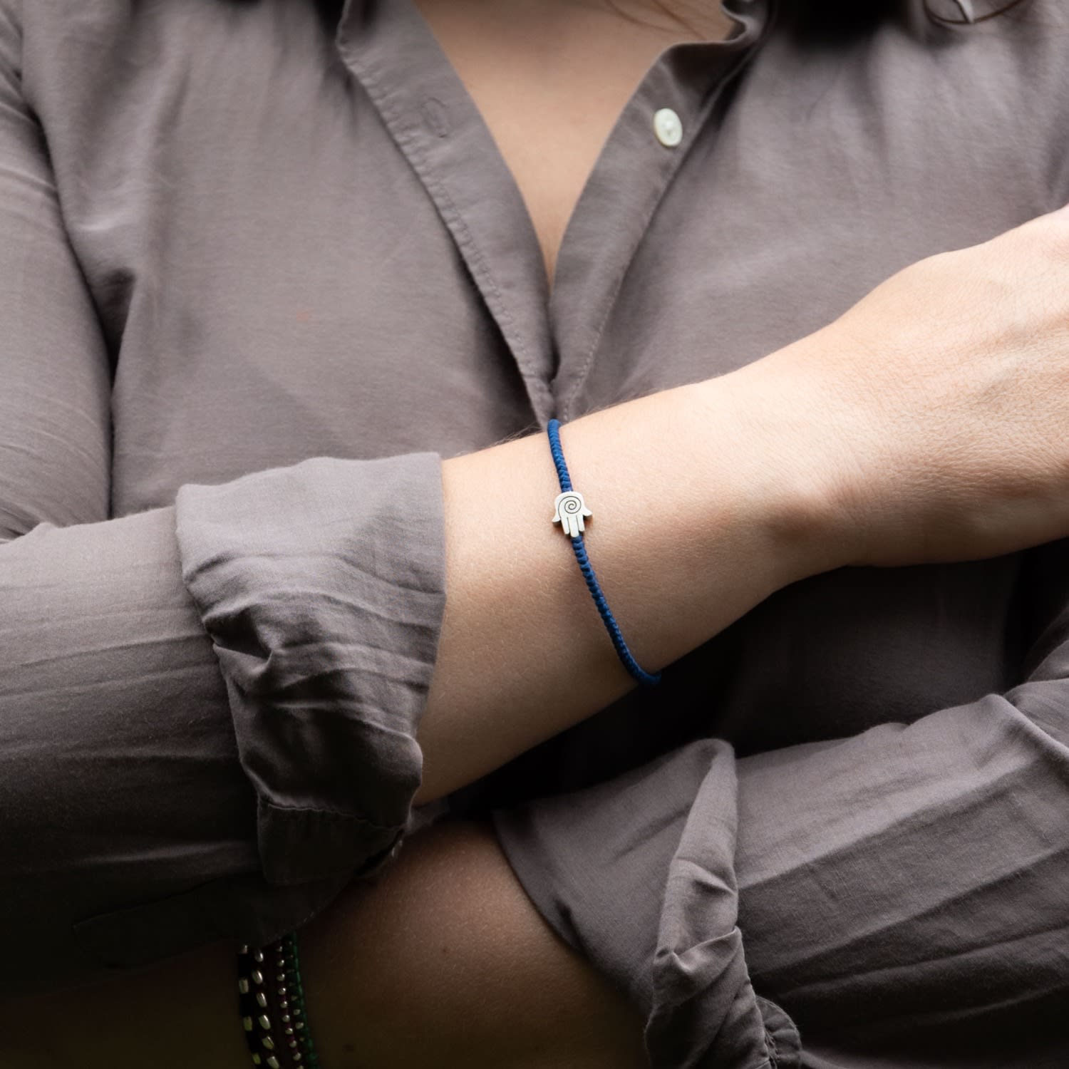 Womens Sterling Silver & Blue Rope Hamsa Bracelet