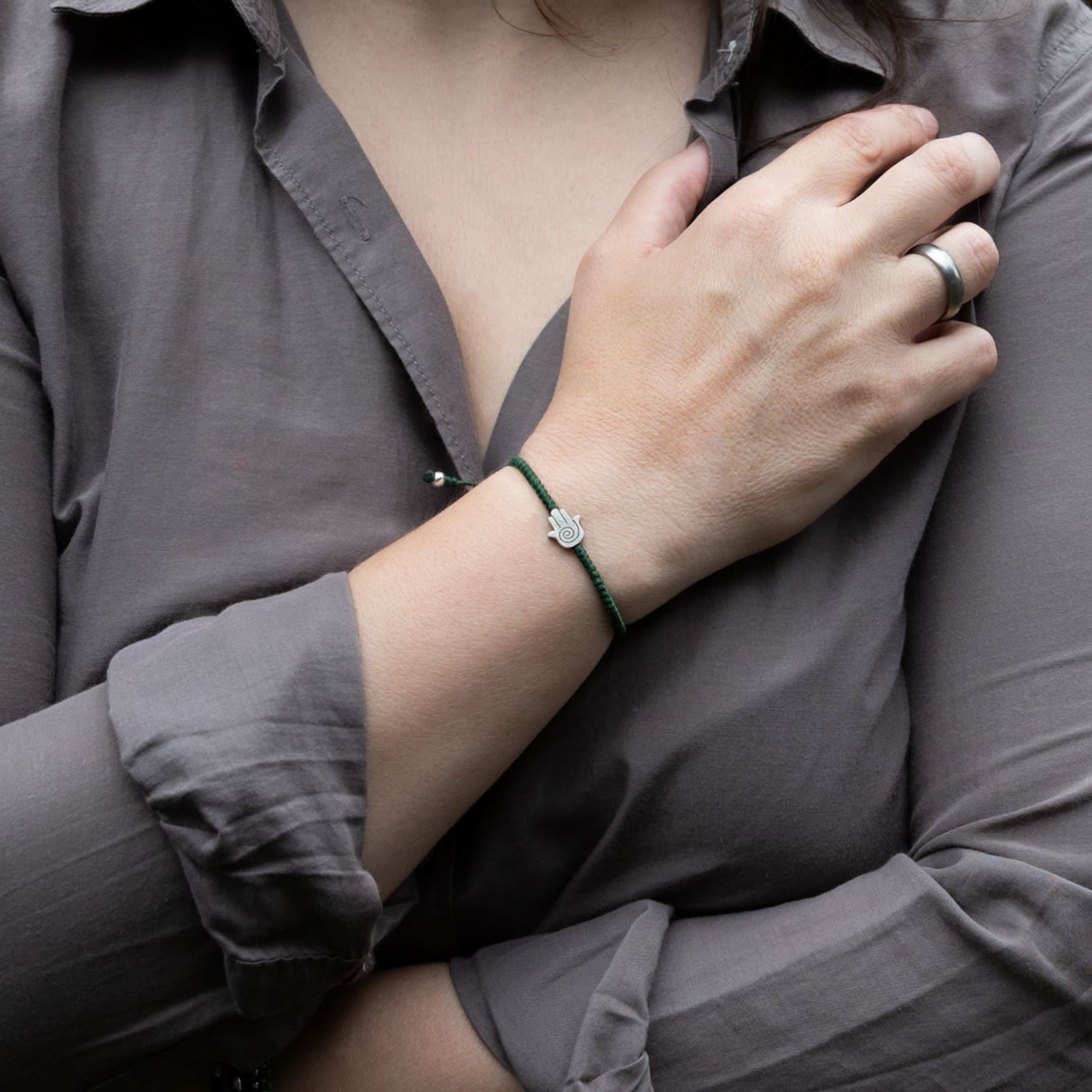 Womens Sterling Silver & Green Rope Hamsa Bracelet