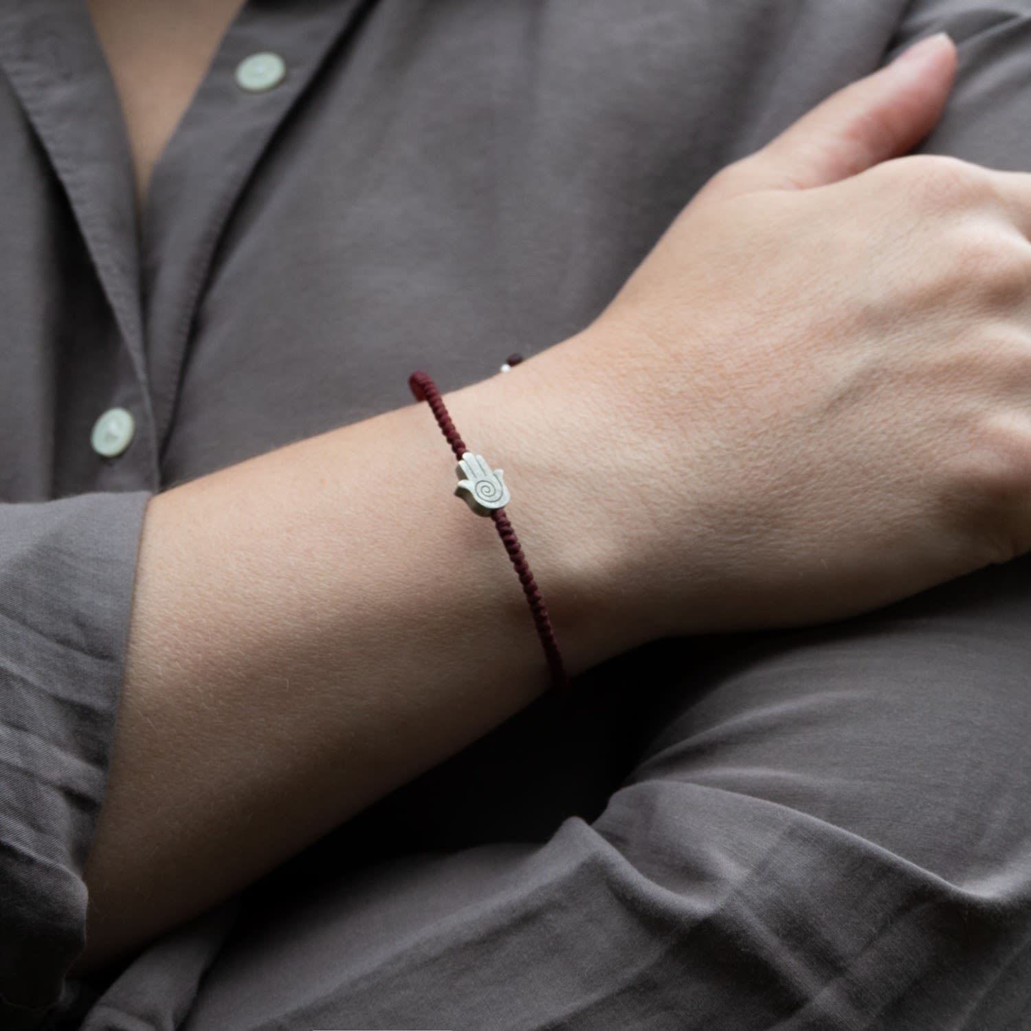 Womens Sterling Silver & Red Rope Hamsa Bracelet