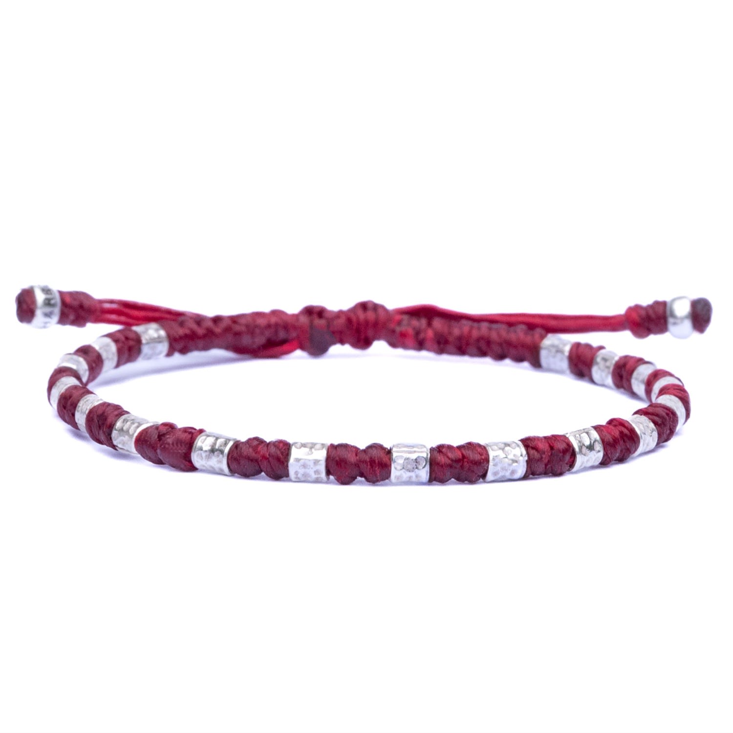 Womens Viking Bracelet With Hammered Silver Beads And Red Rope - Freya