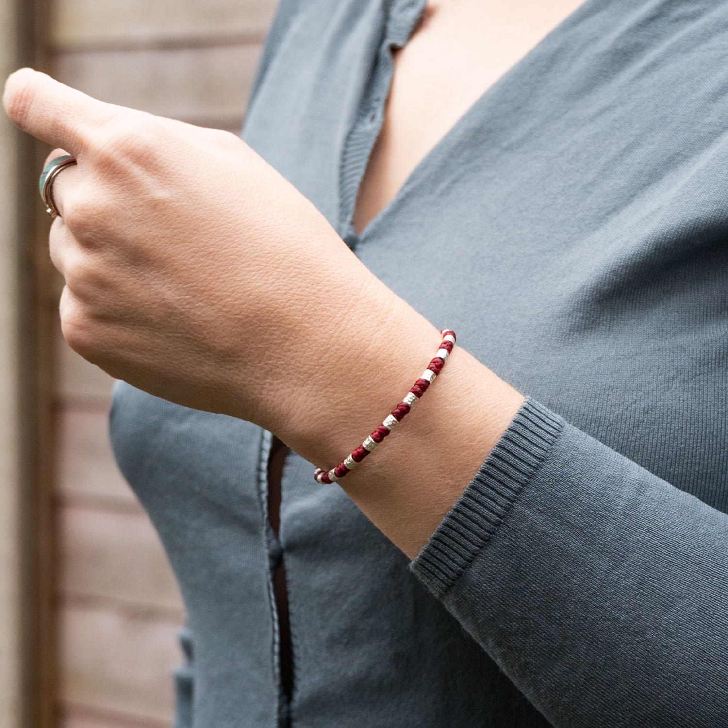 Womens Viking Bracelet With Hammered Silver Beads And Red Rope - Freya