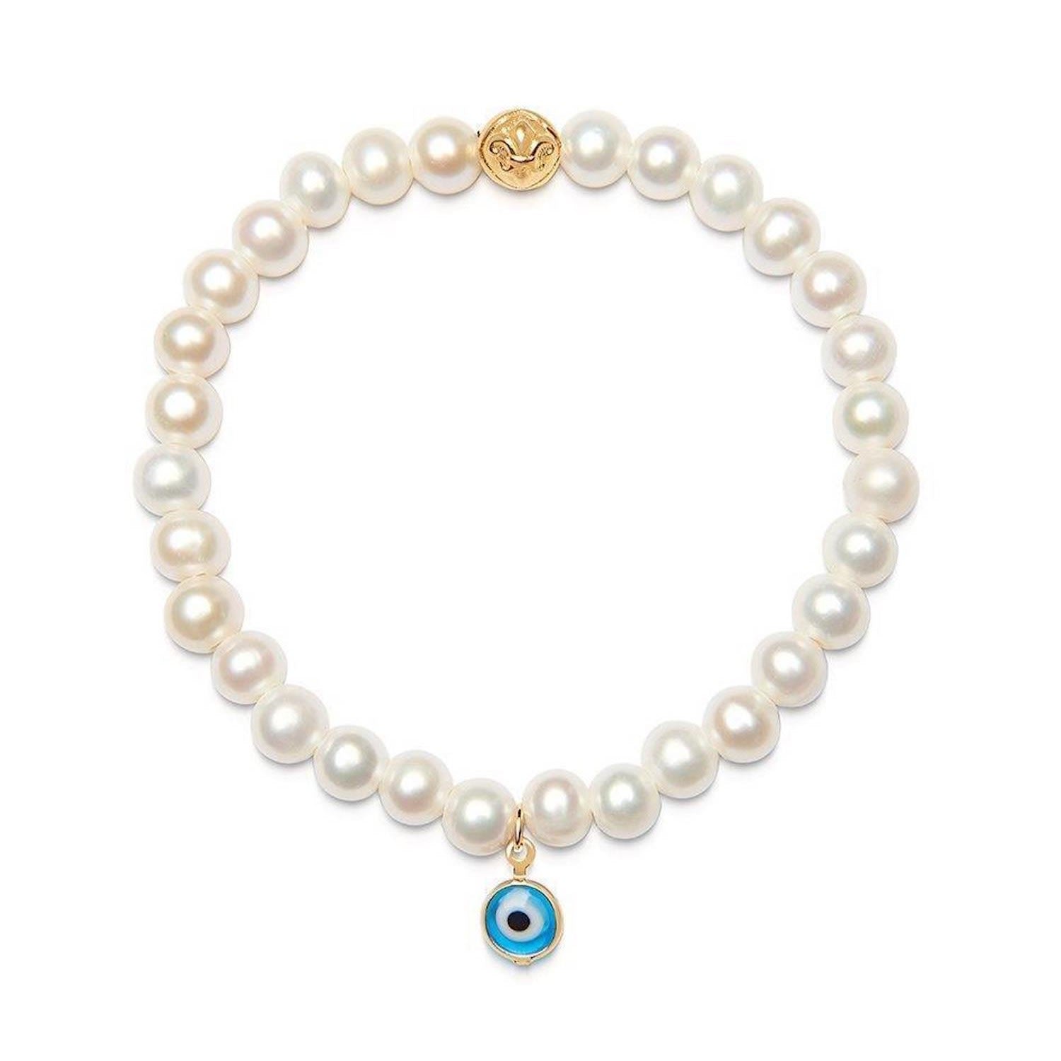 Wristband With White Pearls And Blue Evil Eye Charm