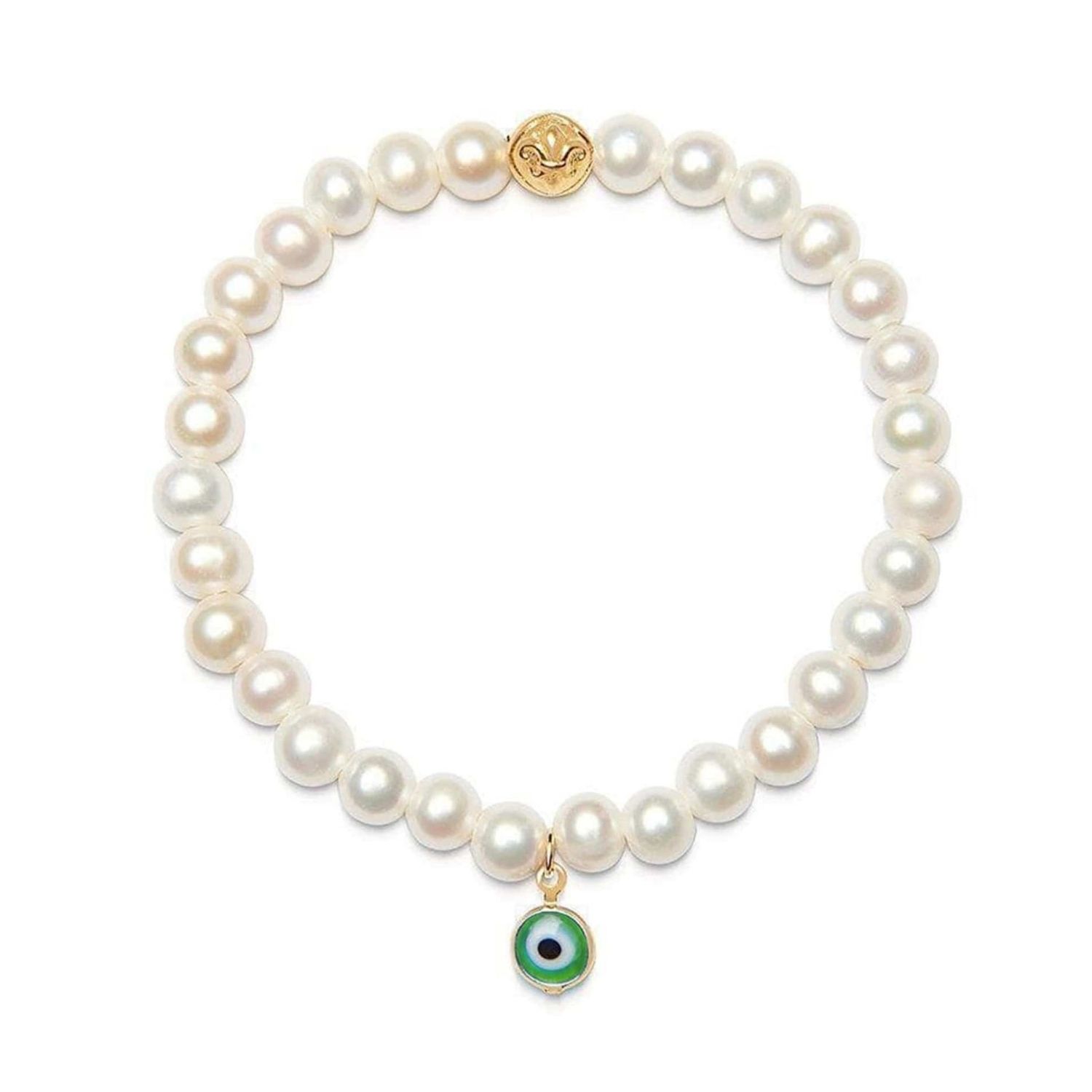 Wristband With White Pearls And Green Evil Eye Charm