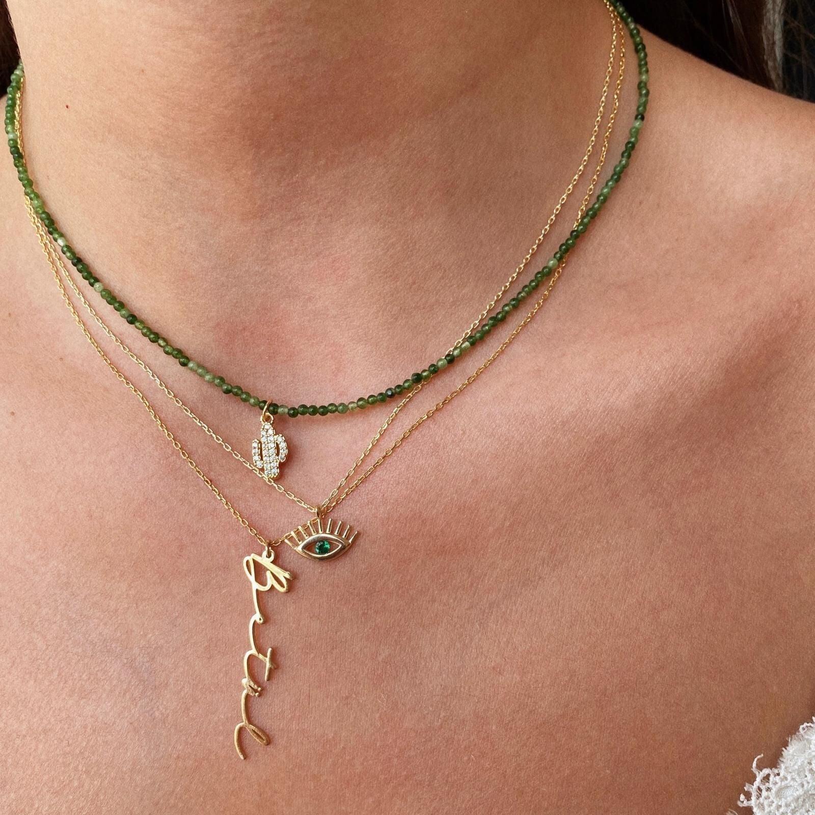 Emerald Eye Evil Eye Sterling Silver Necklace & Stud Earring Set - Gold