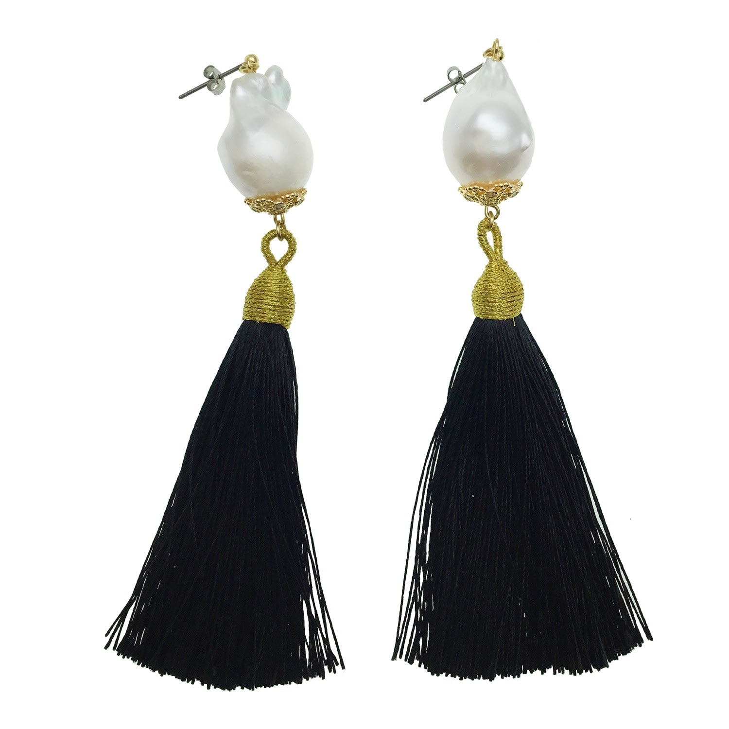 Baroque Pearl With Black Tassel Earrings