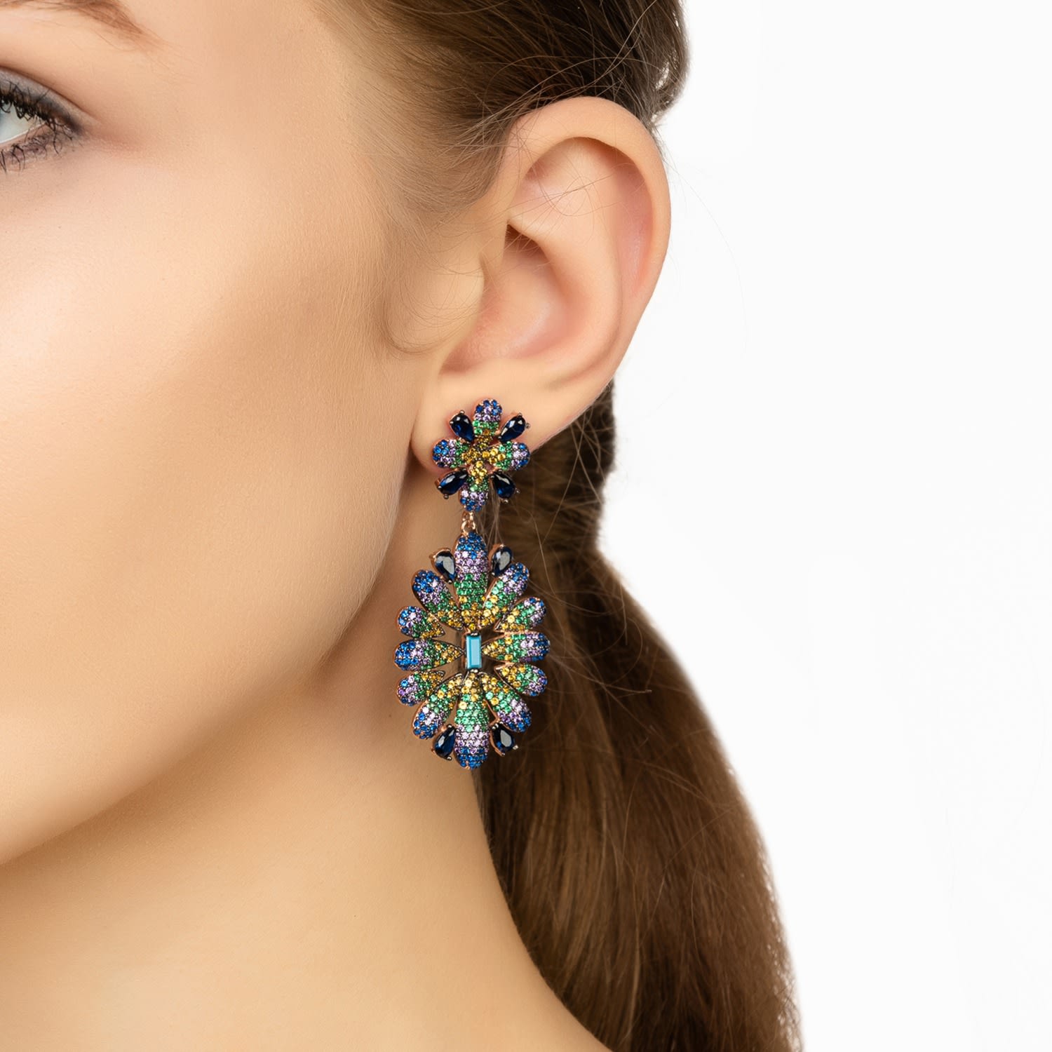Babylon Multicoloured Flower Drop Earrings Rose Gold