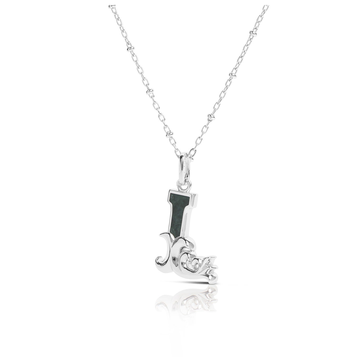 Solid Silver L Initial Necklace With Green Marble