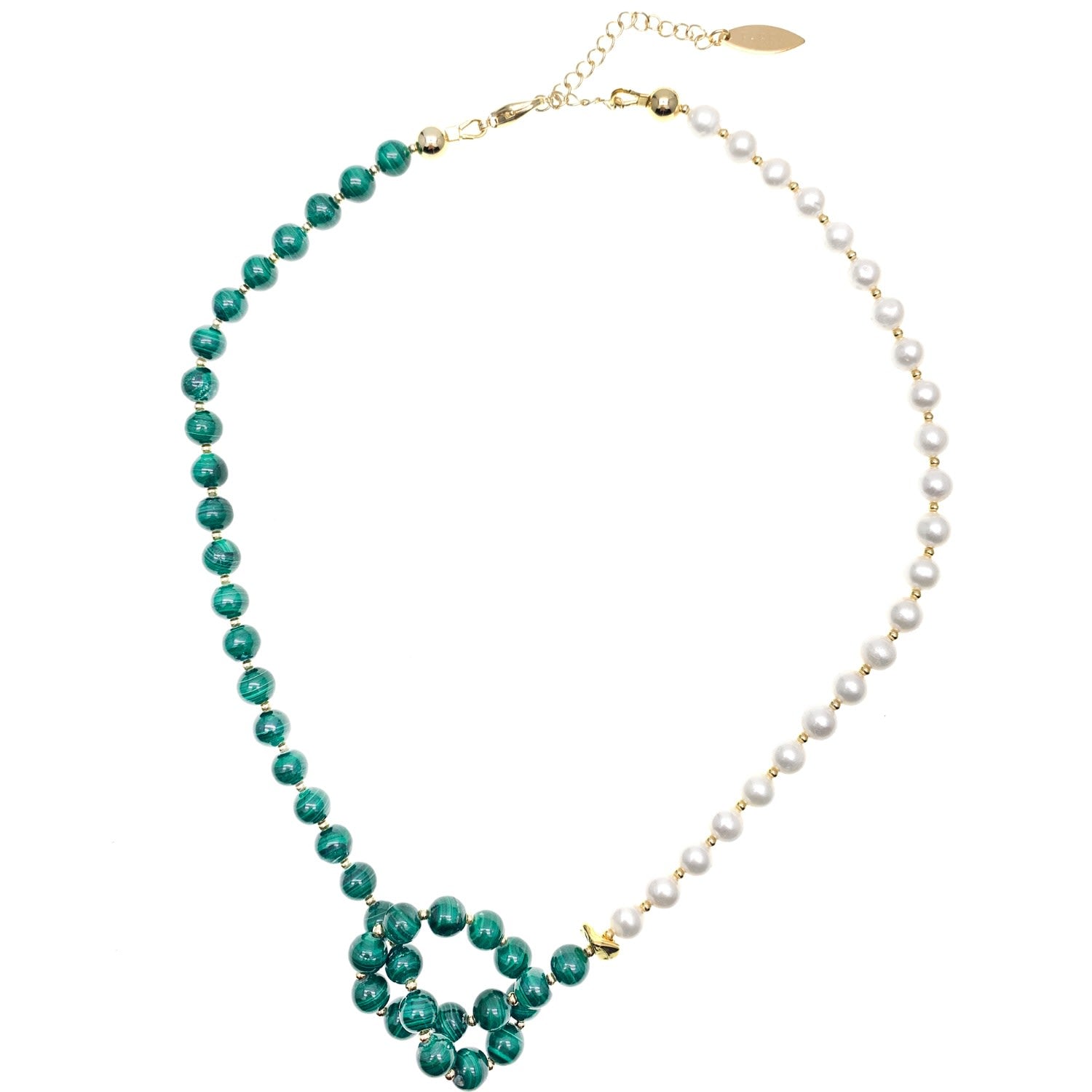 Malachite Stones With Freshwater Pearl Knotted Choker