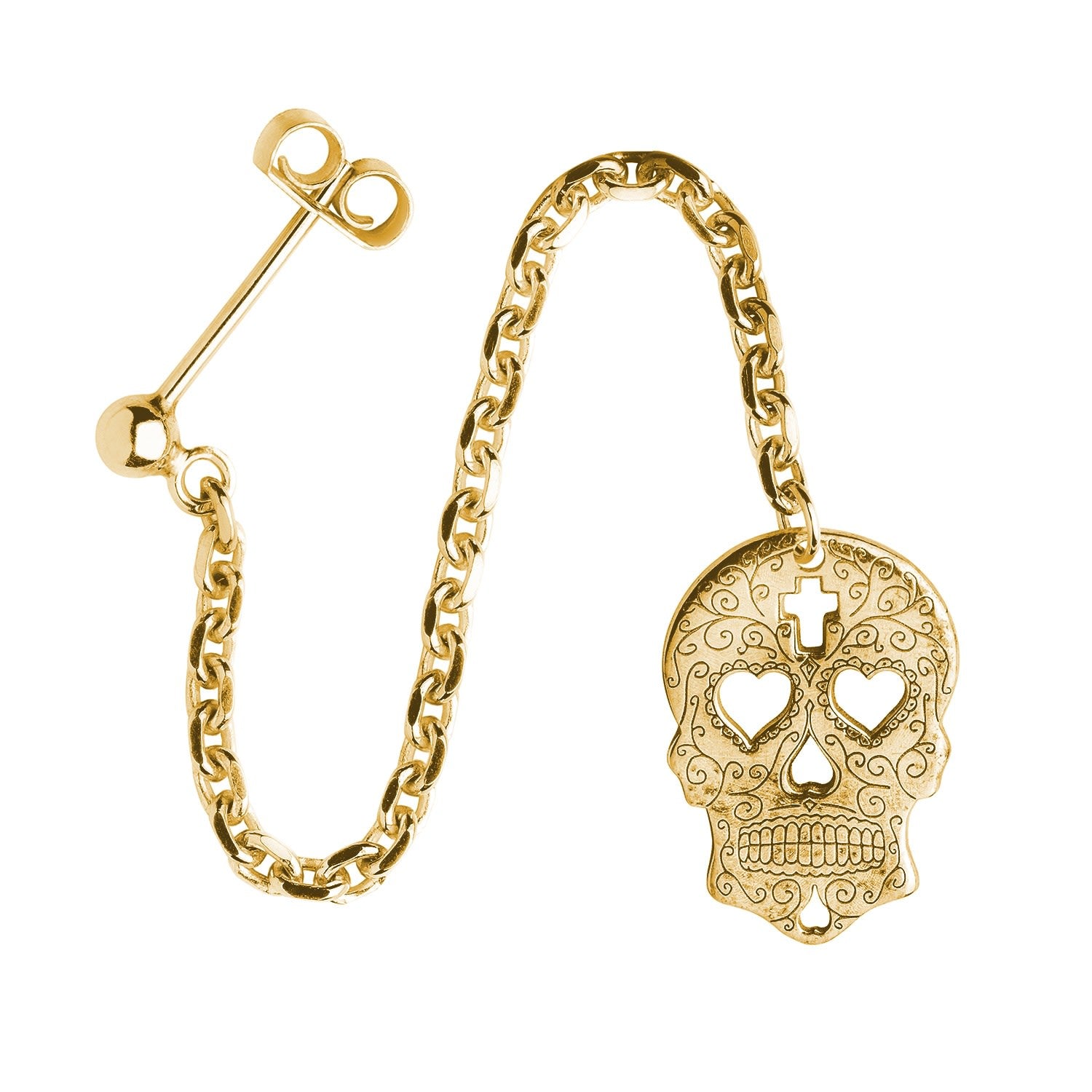Gold Sugar Skull With Heart Eyes Single Long Drop Earring