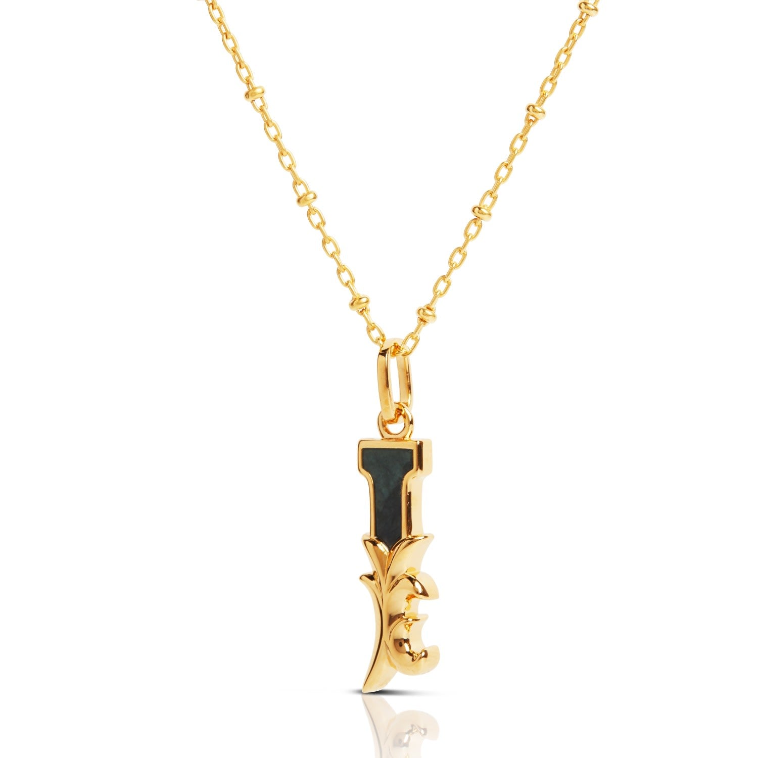 Gold Plated I Initial Necklace With Green Marble