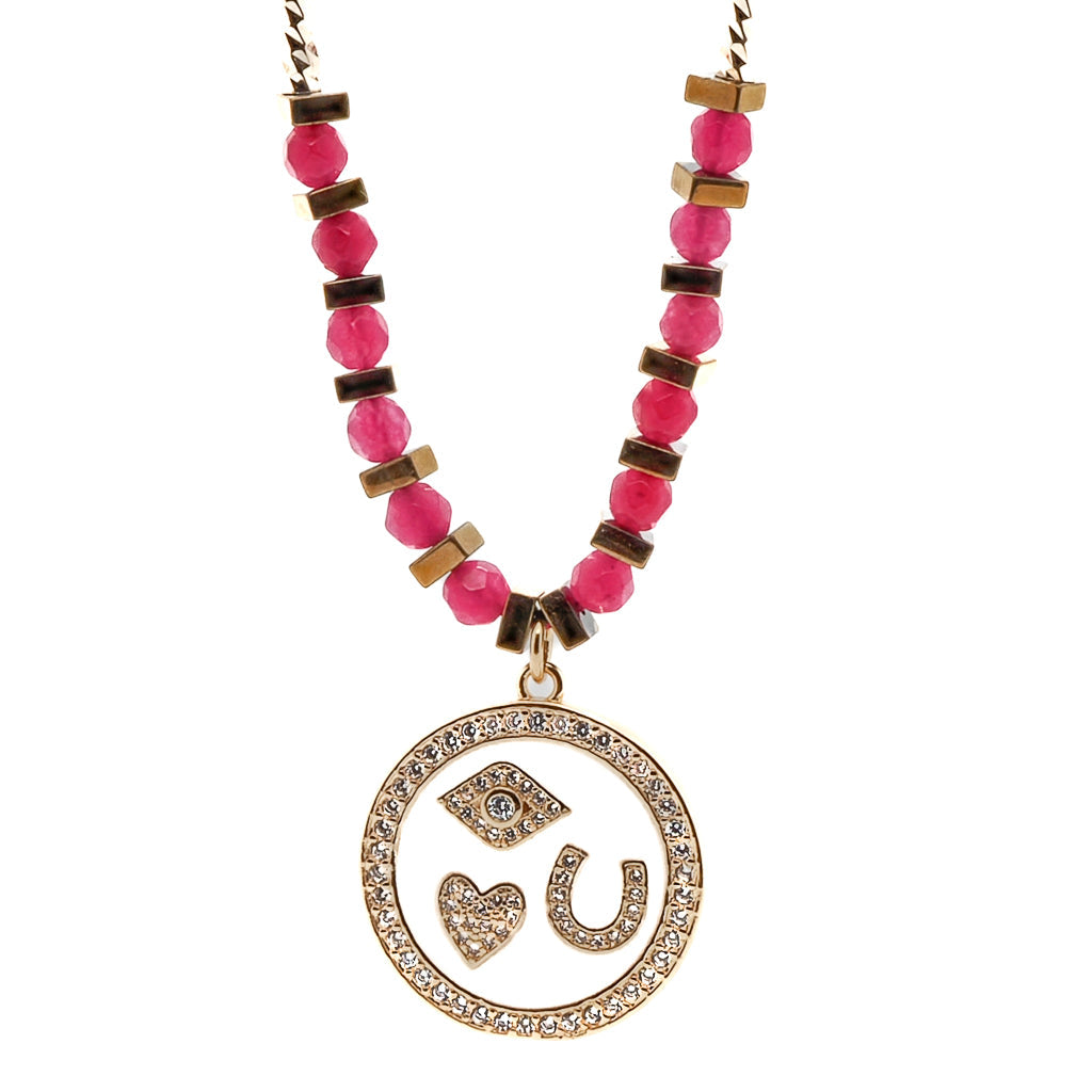 Magic Blessing Pendant Pink Beaded Necklace - Pink