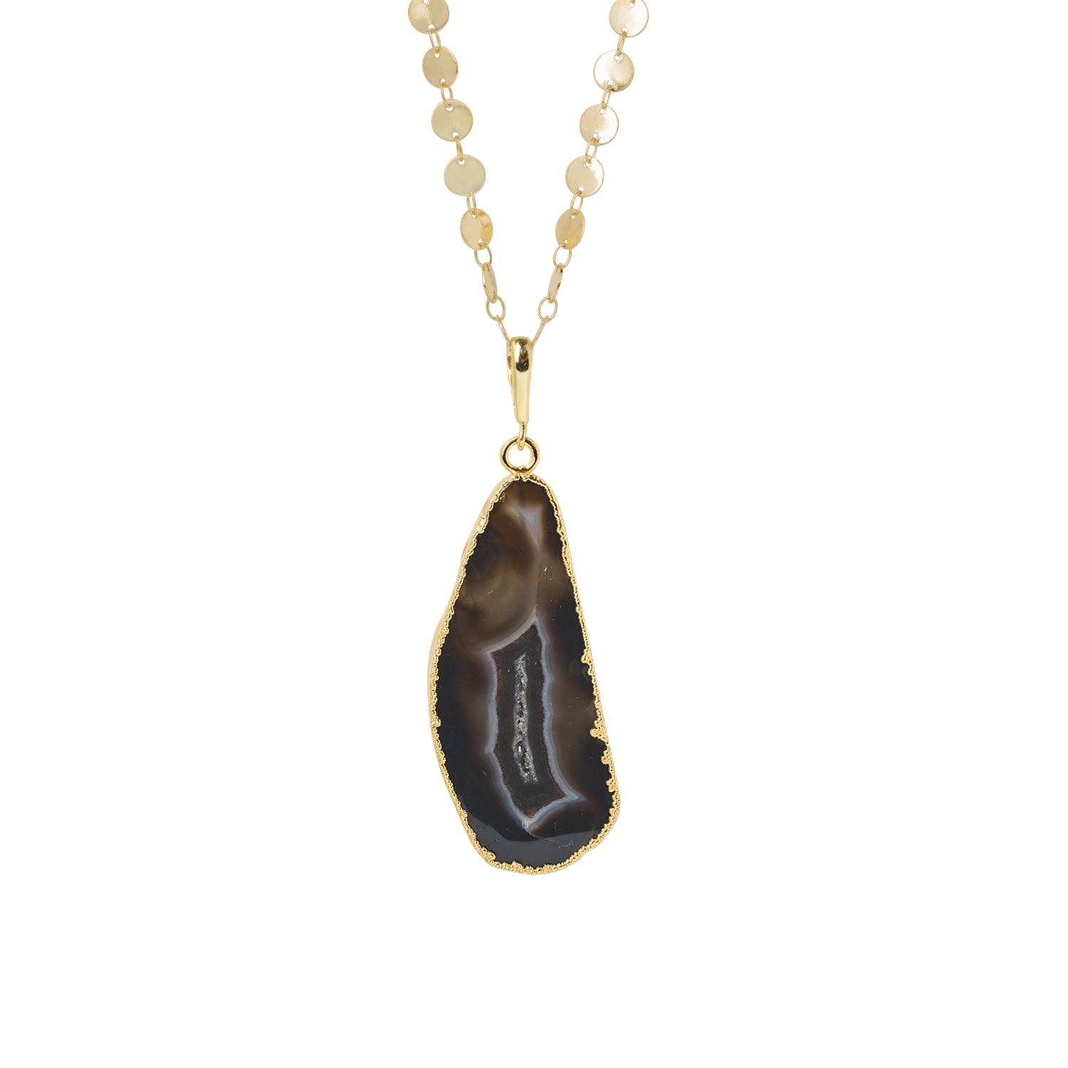 Ultra Black Grey Agate Super-Long Gold Pendant Necklace