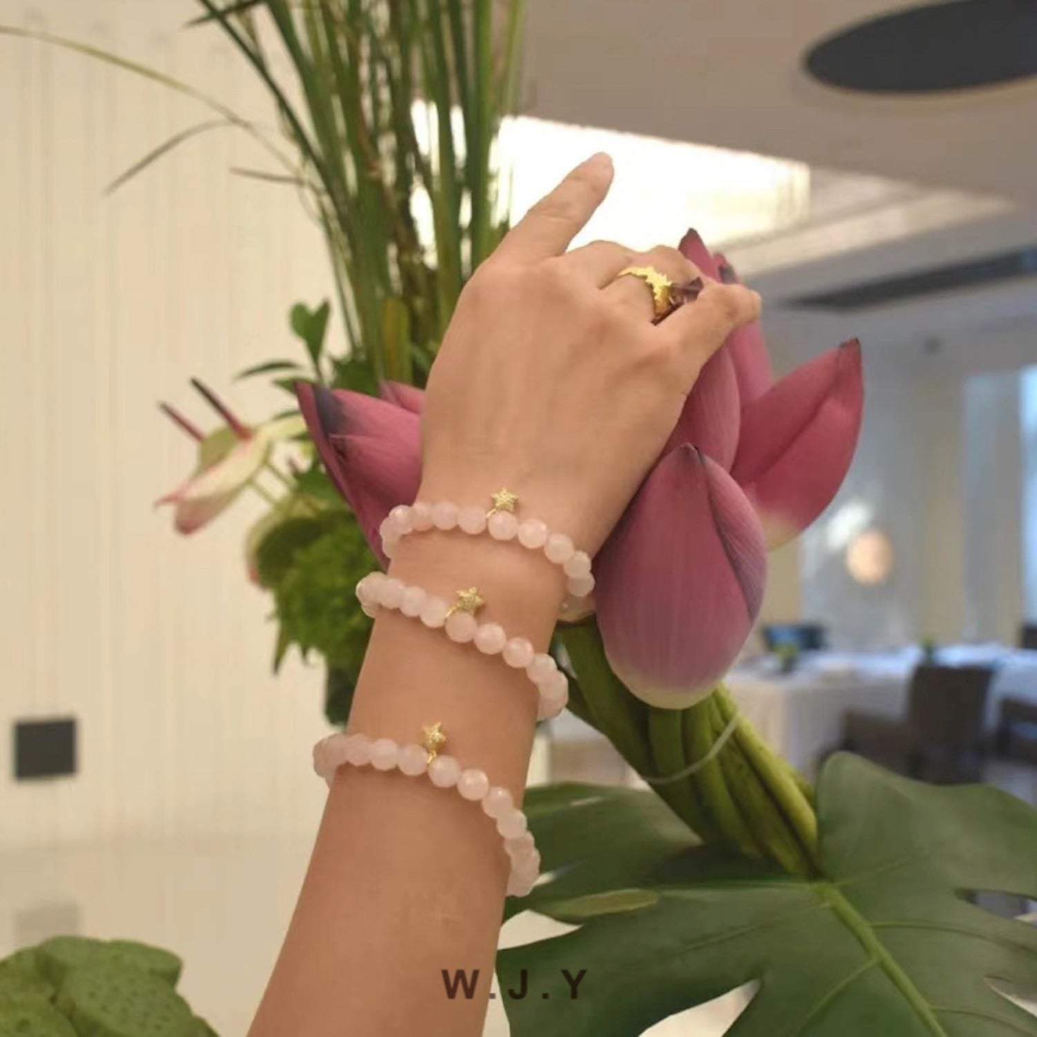 Natural Rose Crystal Love Stars White Silver Bracelet