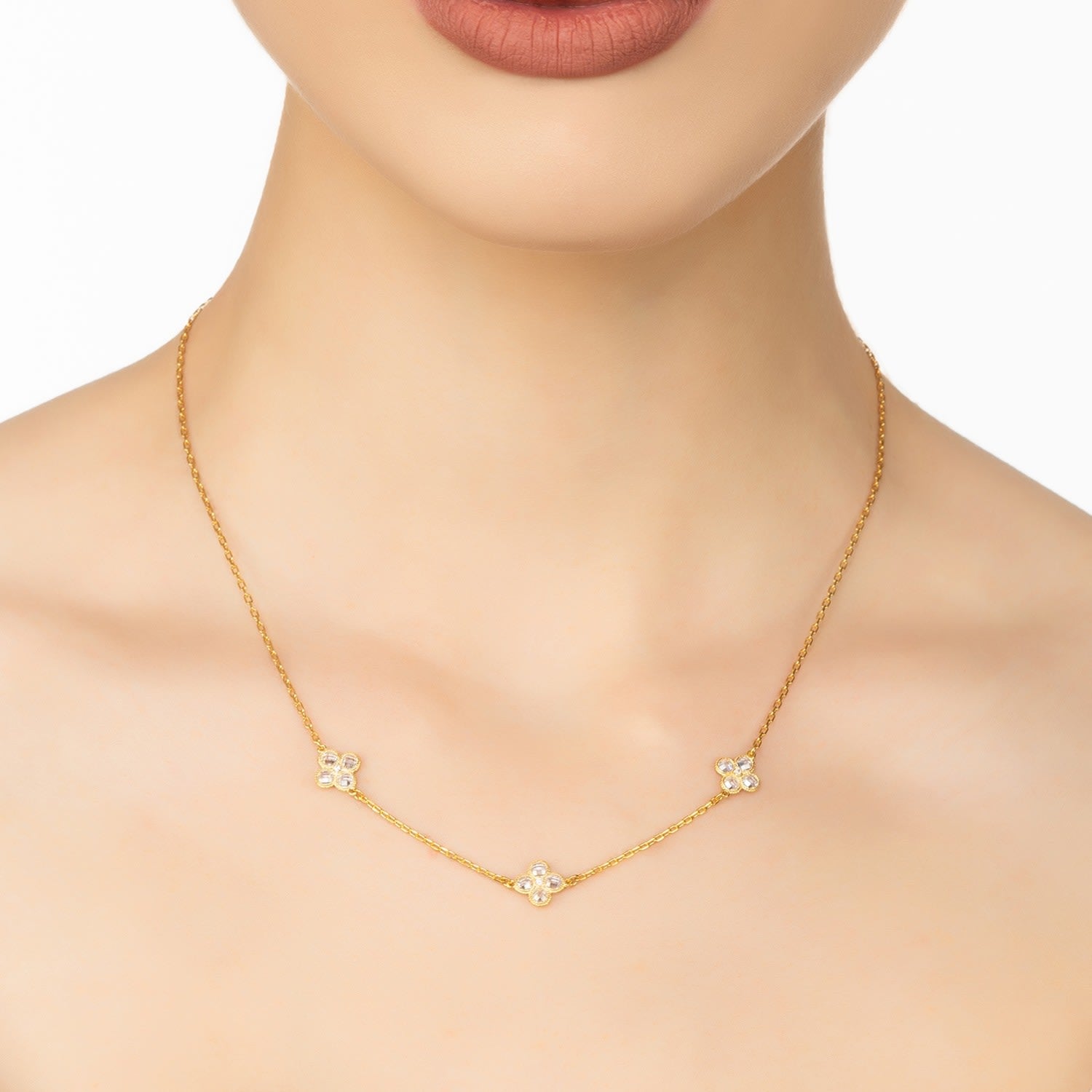 Flower Clover Triple Choker Necklace Gold