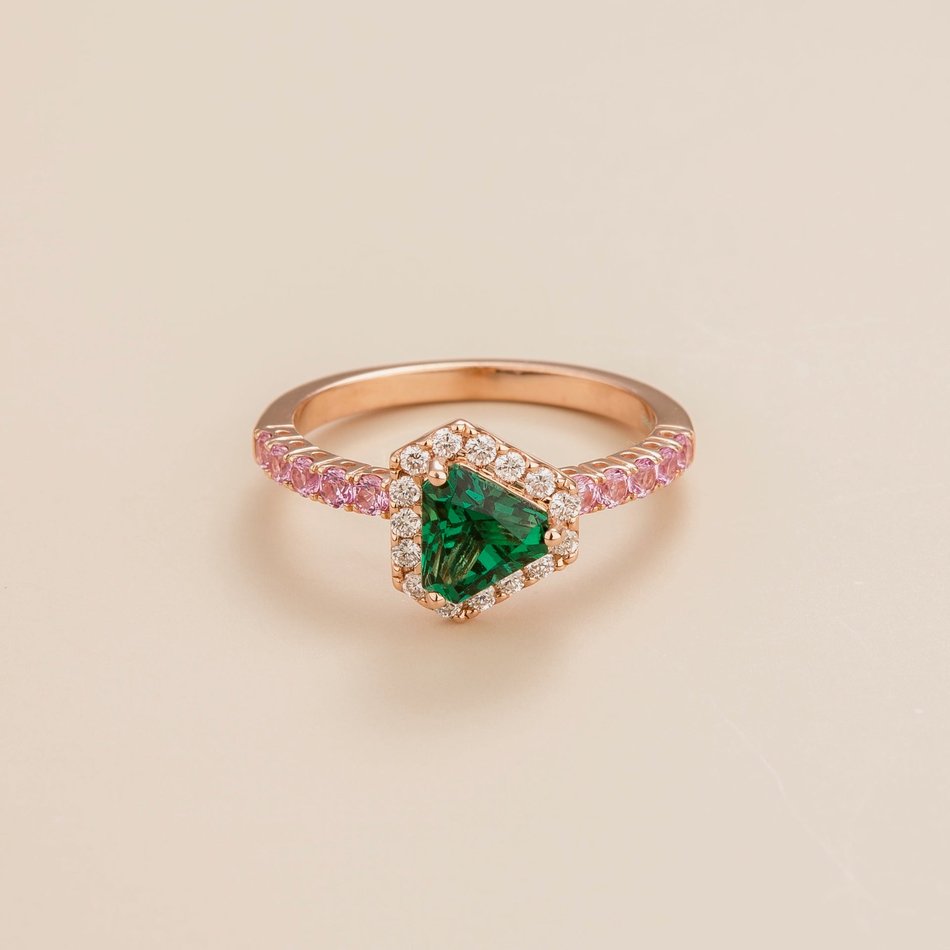 Diana Rose Gold Ring Emerald, Diamonds & Pink Sapphires