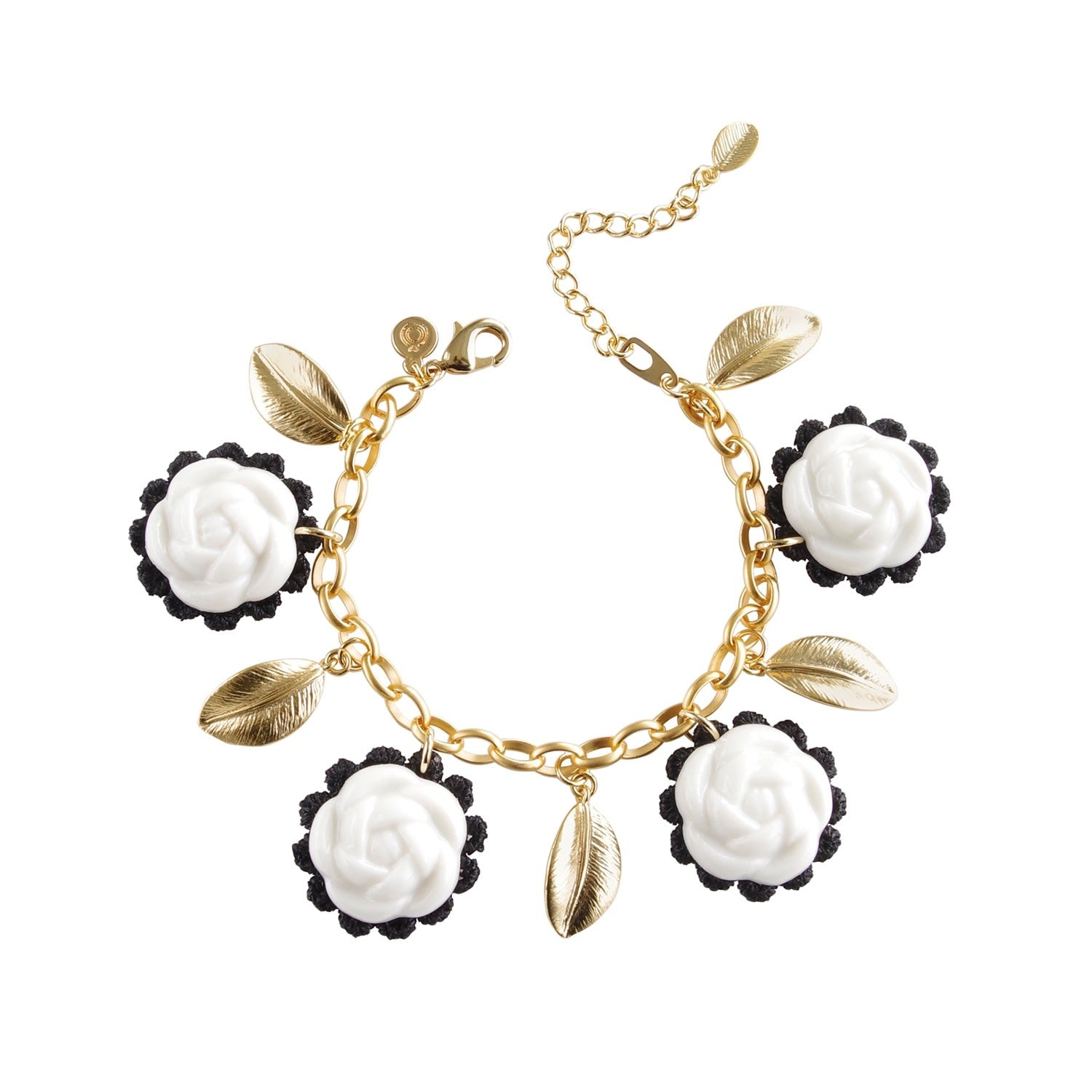 Porcelain Camellias & Golden Leaves Bracelet