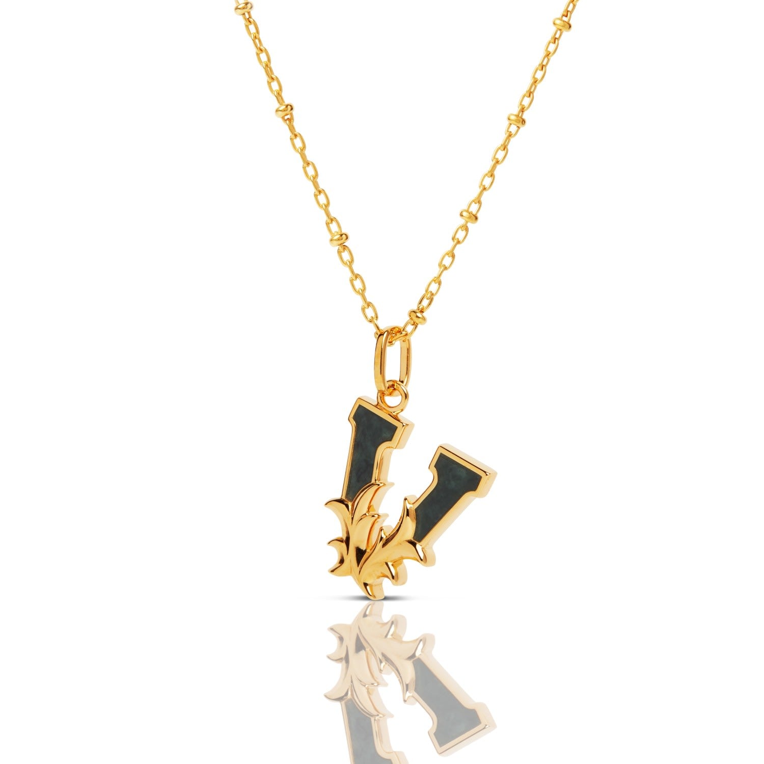 Gold Plated V Initial Necklace With Green Marble