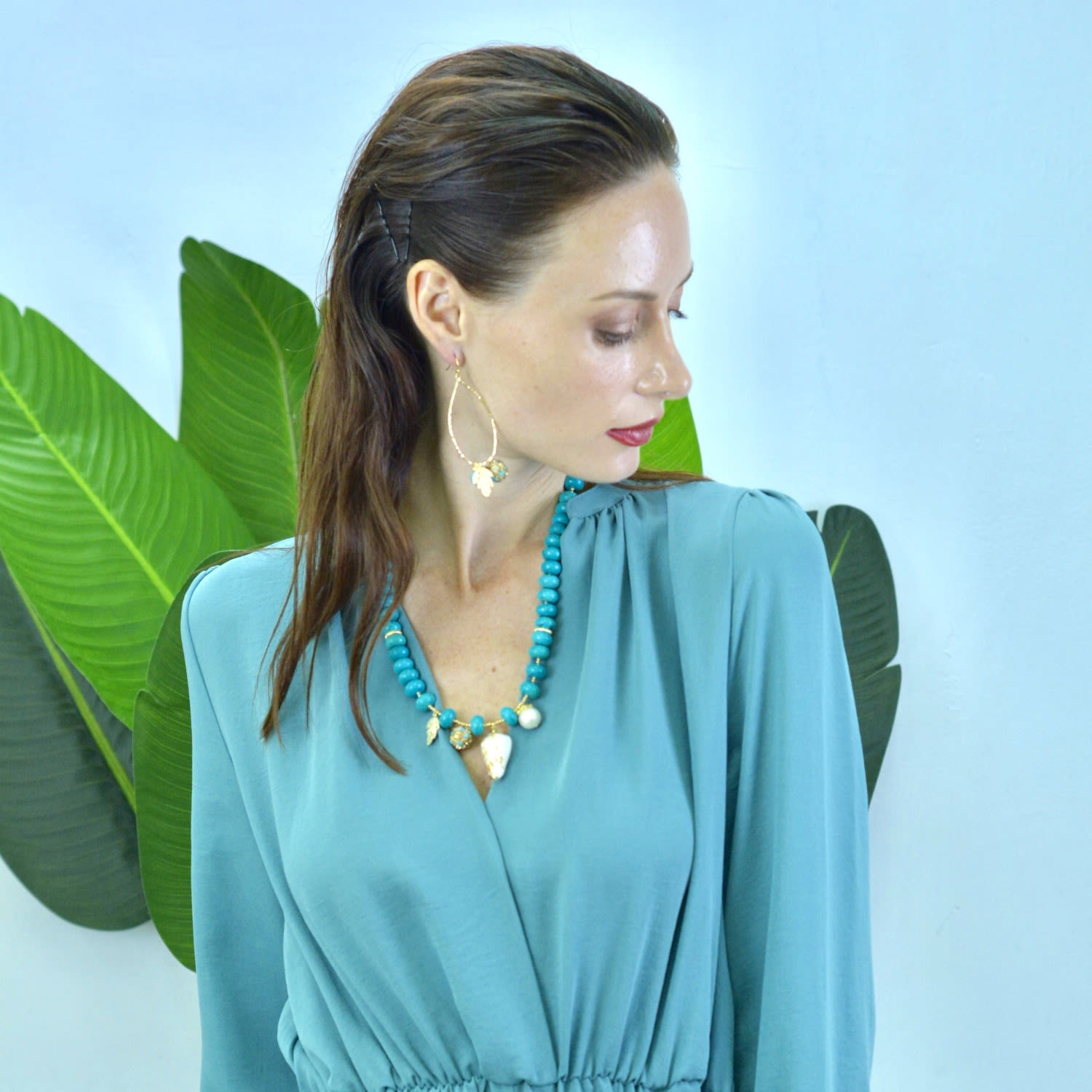 Turquoise Seashell &Freshwater Pearl Charms Necklace